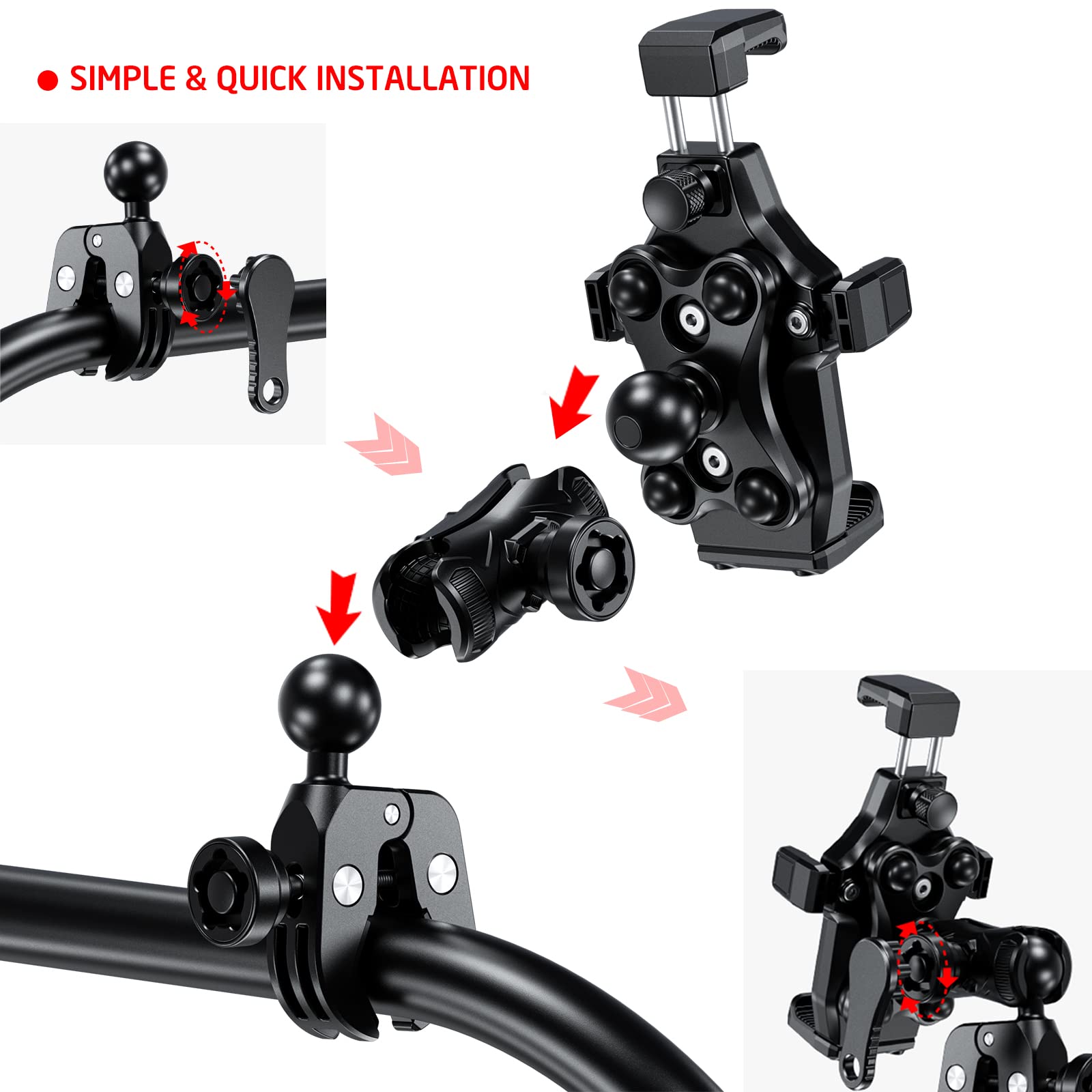 iMESTOU Anti-Vibration Téléphone Moto Mount 1 "Ball Handlebar Bike Mobike Holder Anti-Theft 360 ° de Rotation Universellement Compatible avec 4,7 "-7,2" Smartphones Max. 20mm d'épaisseur