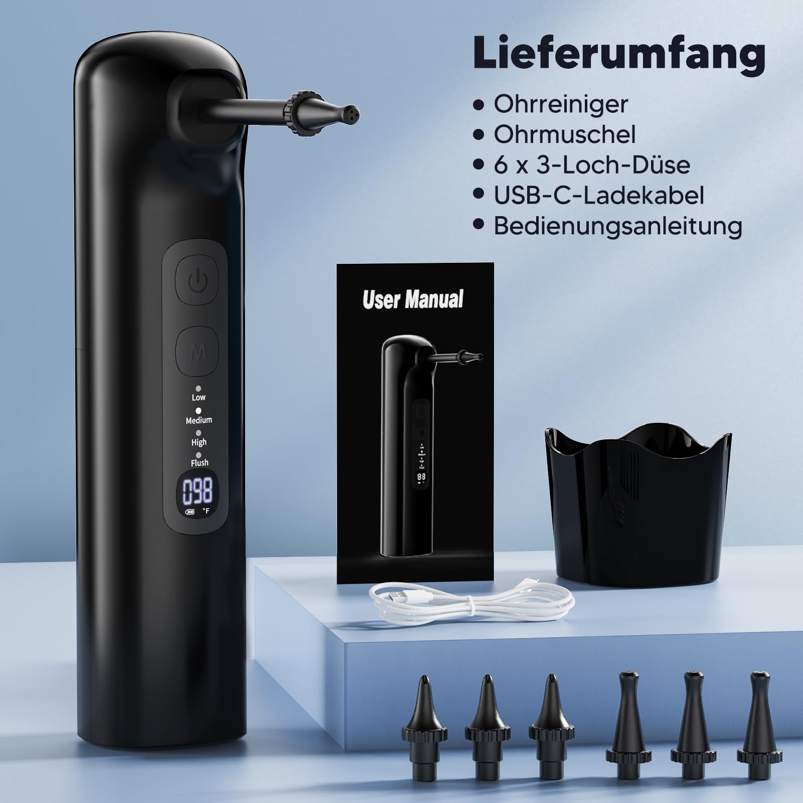 Eliminador de cerumen, limpiador de oídos para adultos, limpiador eléctrico de oídos, lavado de oídos para uso doméstico, ducha recargable para adultos y niños (negro)
