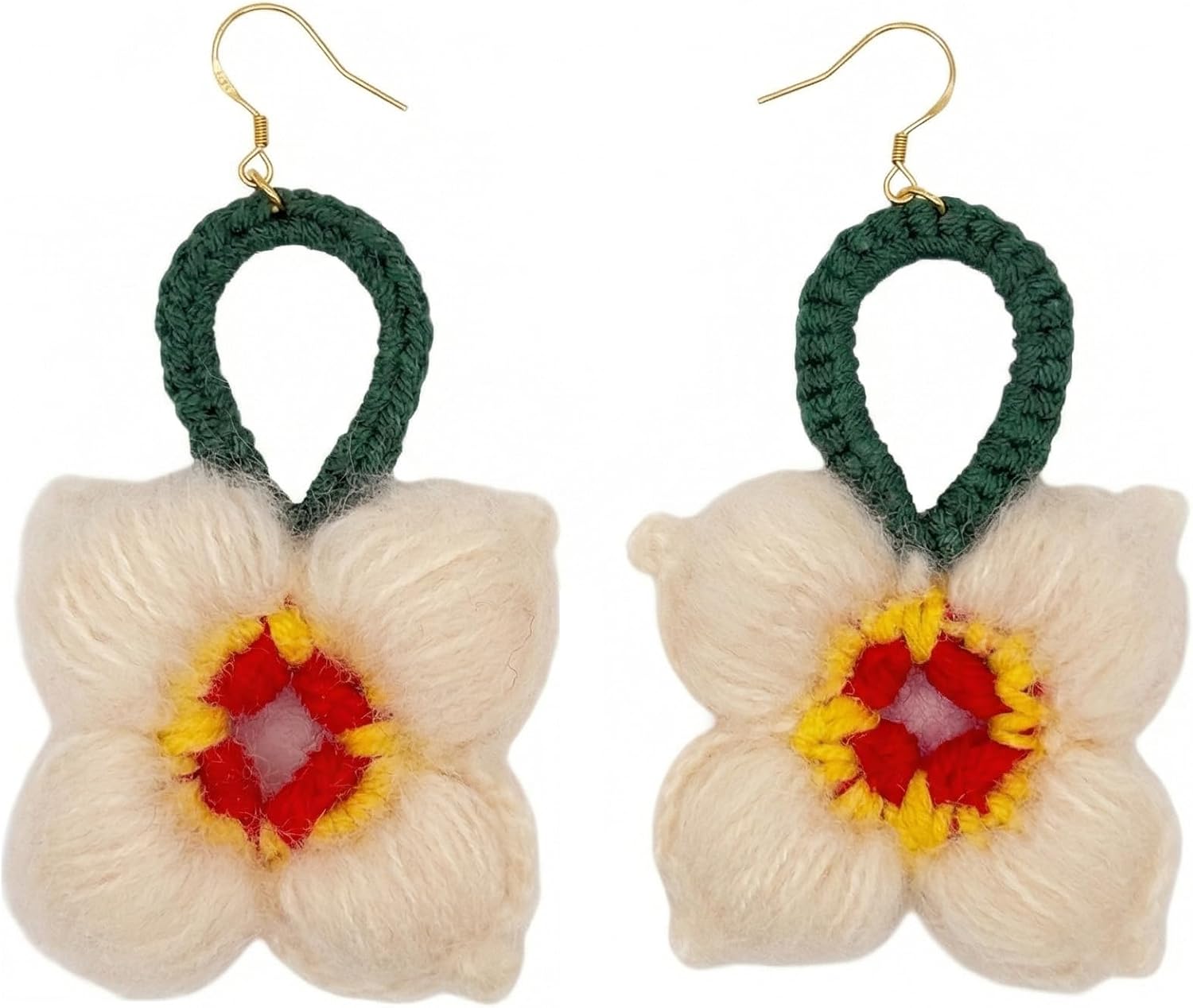 Handmade Crochet Flower Earrings for Women | Ivory & Green Cozy Bloom Design | Lightweight Soft-Petal Dangle Jewelry | Hypoallergenic 18K-Gold-Plated Sterling Silver Hooks | Holiday & Everyday Gift