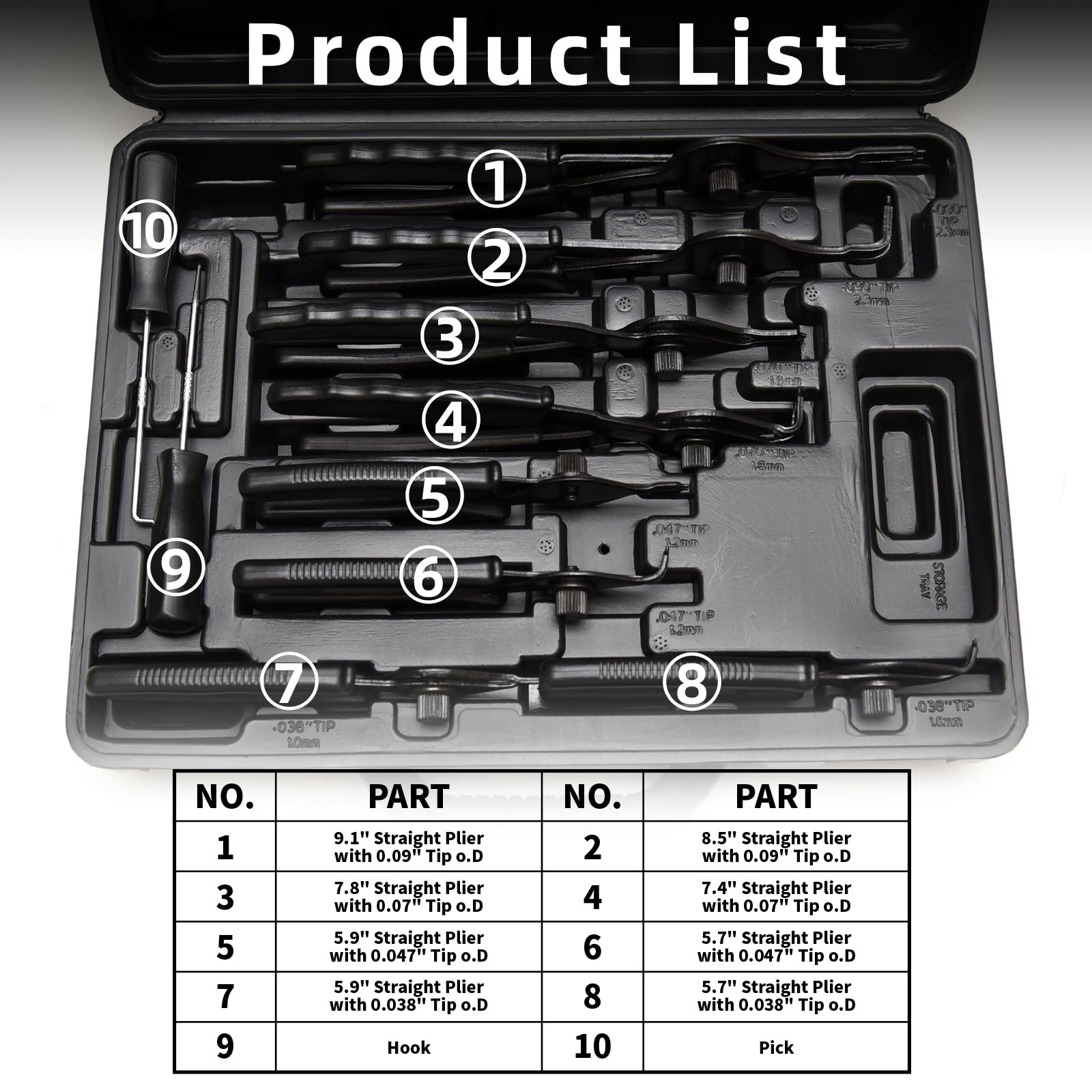 WISEUP Set di 10 pinze per anelli elastici, resistenti, kit di pinze per anelli interni/esterni, con pinze dritte piegate, punte dritte/piegate per rimozione anelli a C, con custodia