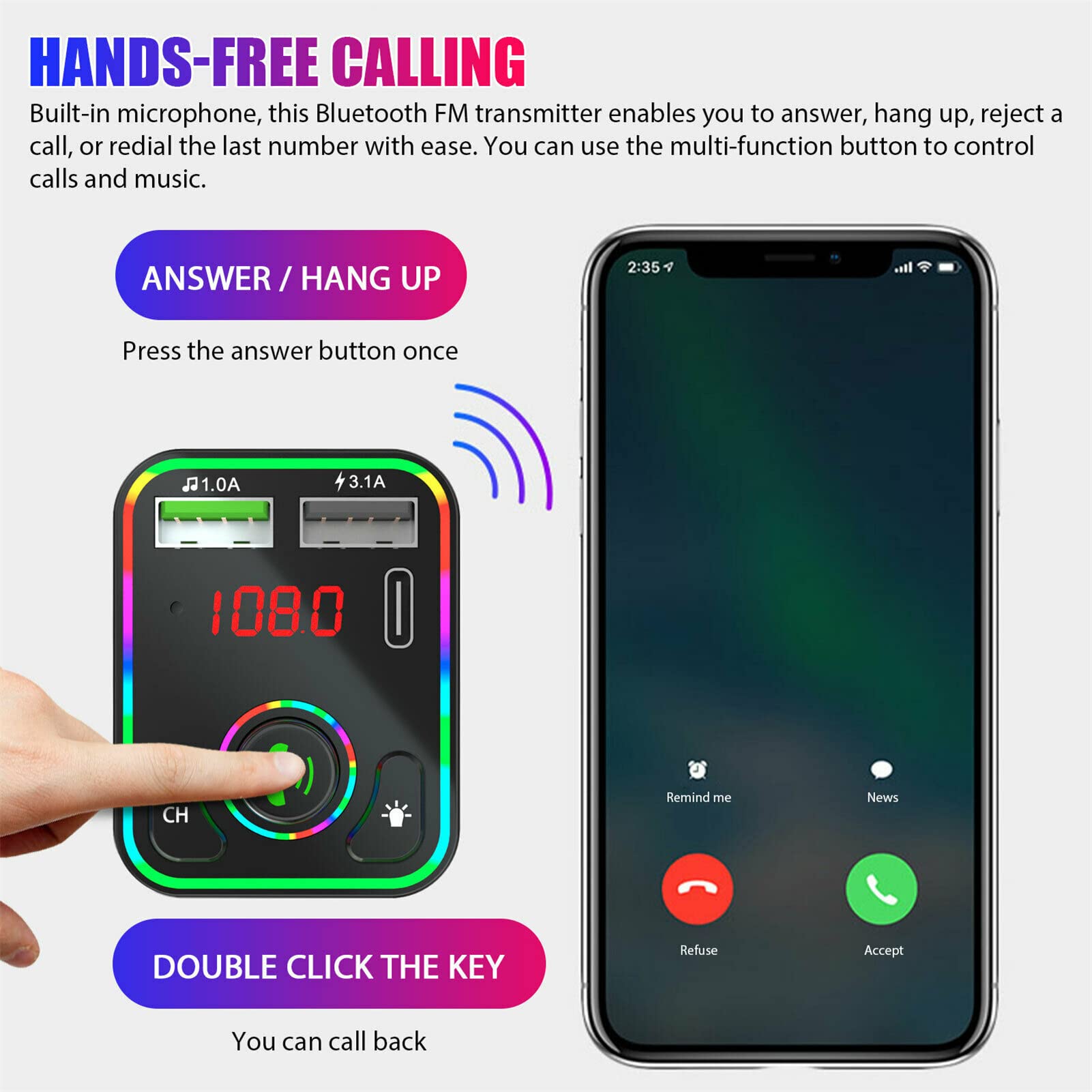 Auto-Audio Bluetooth Controller, odtwarzanie MP3 na telefonie, bezprzewodowy transmiter Fm, moduł kontrolera Bluetooth 5.0, adapter USB + zestaw głośnomówiący + oświetlenie otoczenia LED