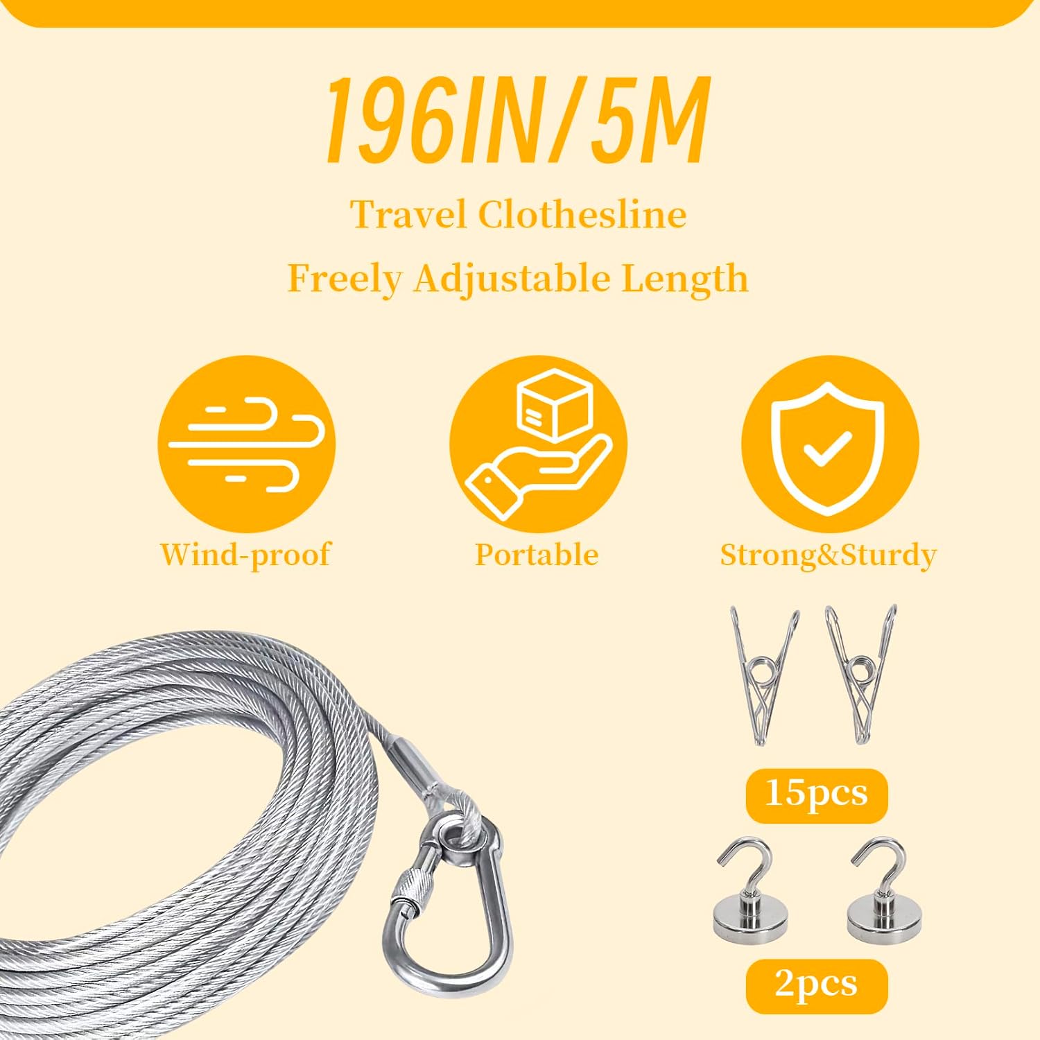 Camping Clothesline, 16.4FT Portable Travel Clothesline with 15 Clips & 2 Hooks, Heavy Duty 2.0mm Steel Wire Rope for Cruise Ship, Hotel Room, RV, Backpacking, Outdoor Gear