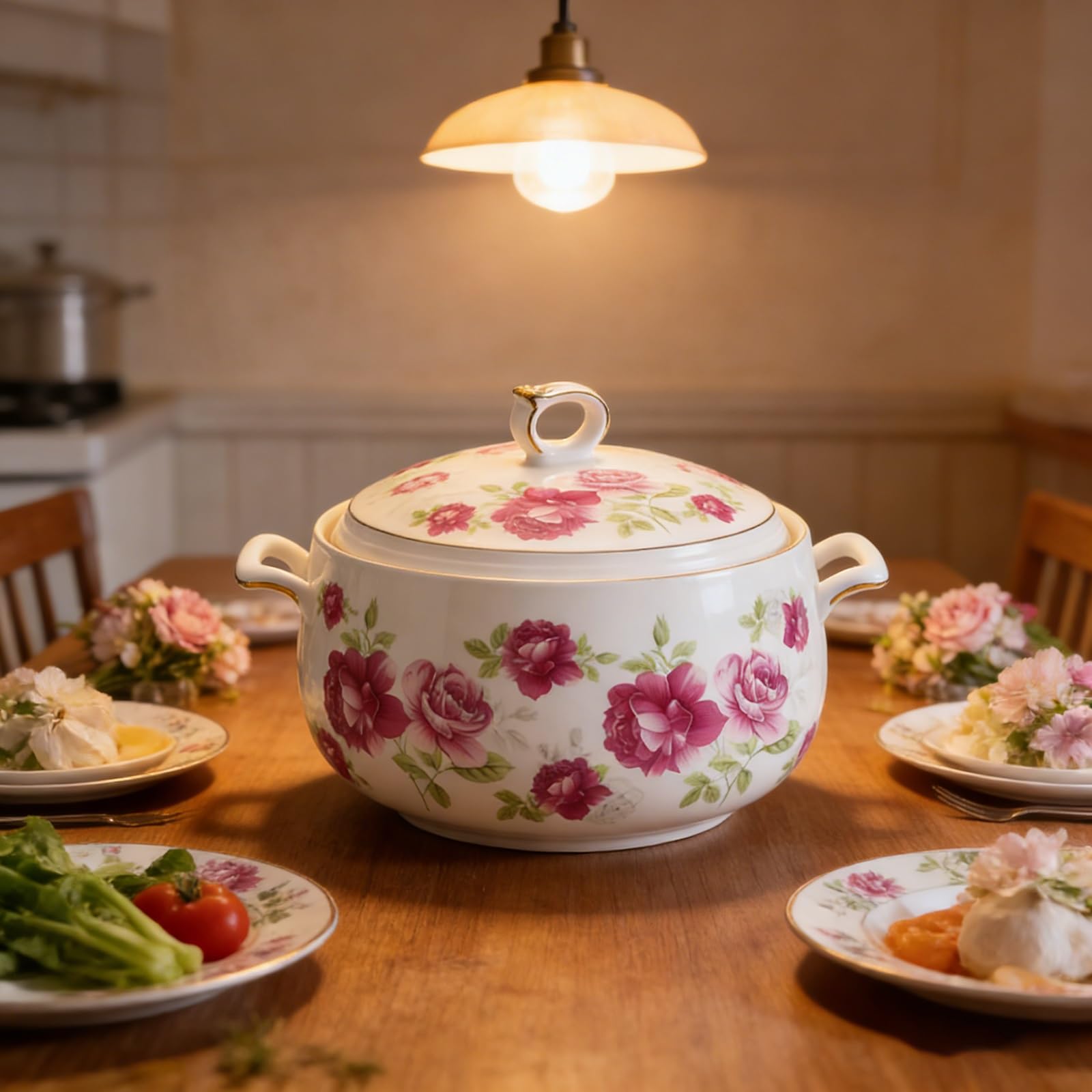 Keramik-Suppenterrine mit Glasdeckel, Porzellan-Serviersuppenschüssel mit großem Fassungsvermögen, weißer runder Instant-Nudeltopf for die Dekoration zu Hause in der Küche(Pink,3L)