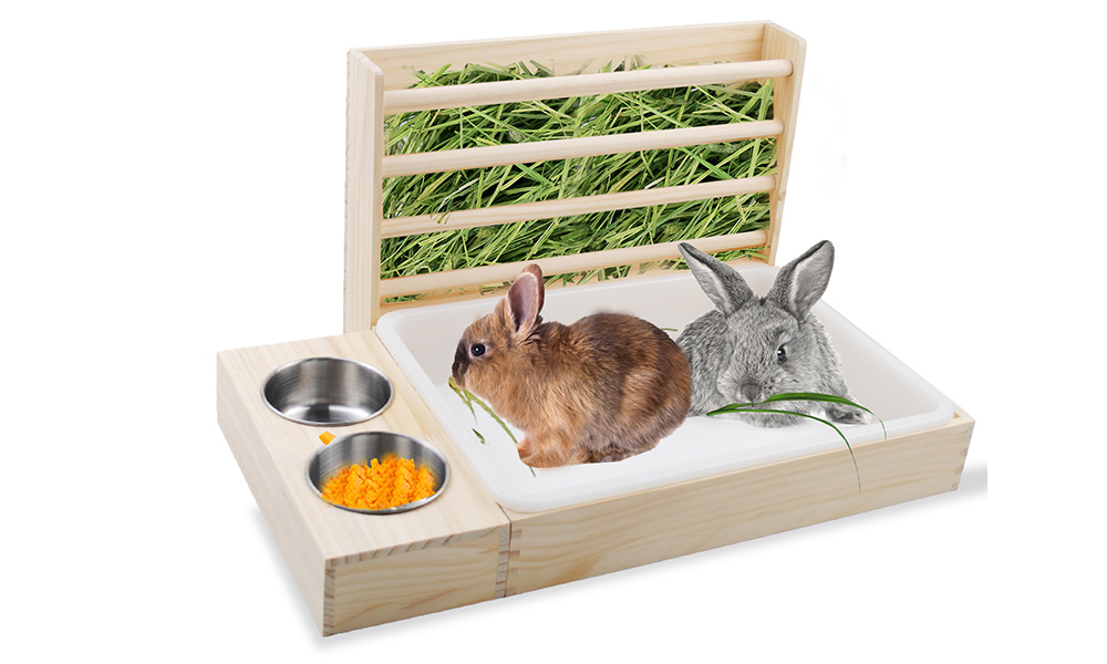 PINVNBY Rabbit Hay Feeder with Litter Box,3 in 1 Wooden Bunny Feeder Guinea Pig Litter Box Small Animal Hay Holder Rack with Toilet and 2 Bowls Combo for Rabbits Chinchillas Hamsters - image 7