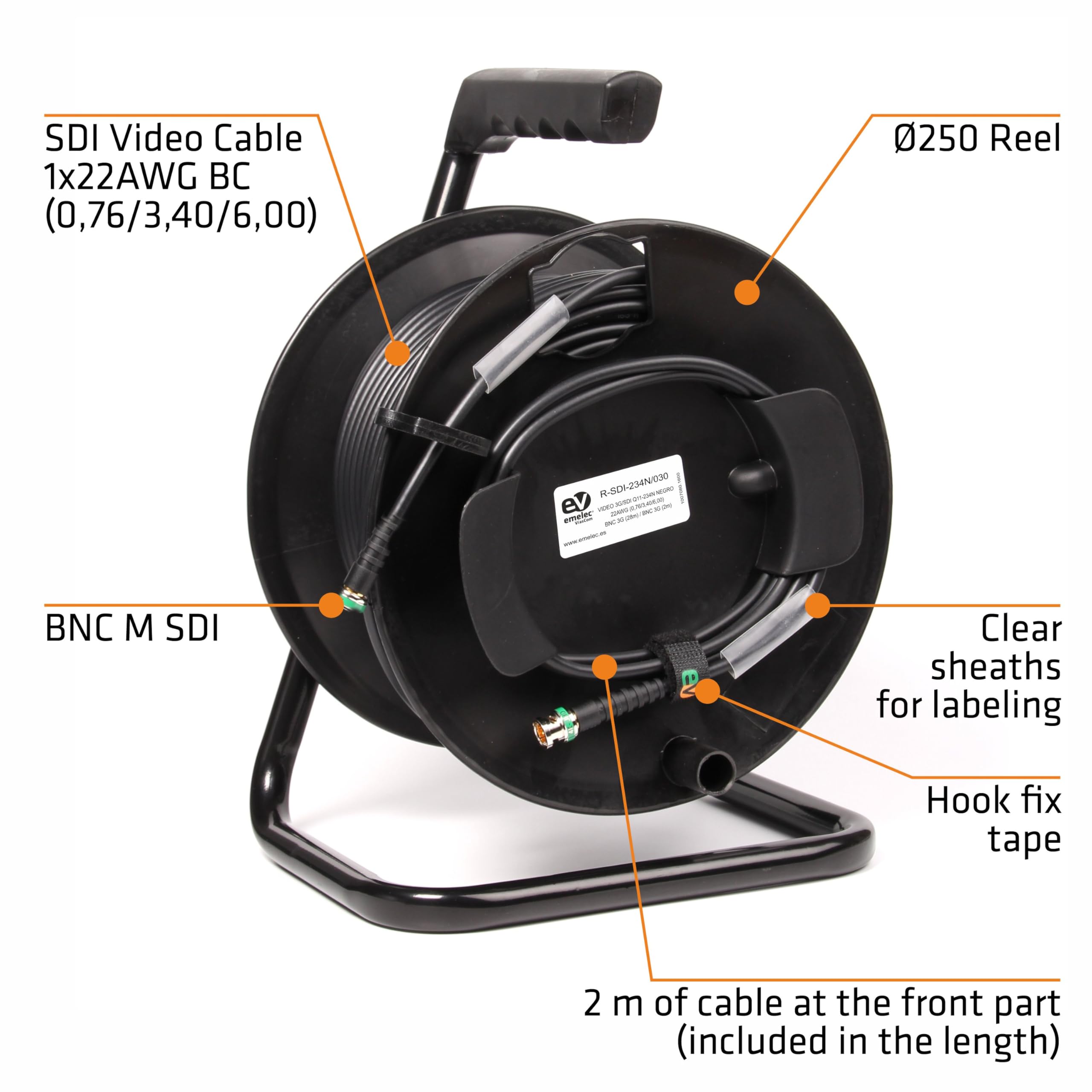 Emelec VíasCom R-SDI-234N/060 – 60m Cable Video 4K-UHD 6G-SDI (0,76/3,40/6,00) montado en Portacables con BNC 4K-UHD – Conductor Multifilar – Color Negro – PVC Flexible