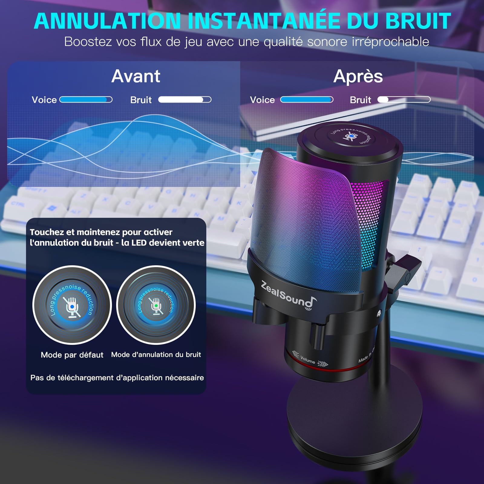zealsound USB Gaming Microphone,Microphone condensateur à réduction de Bruit pour iPhone/iPad/PC/Mac,avec RGB,Touch Mute,Gain,Prise de contrôle,pour Streaming,Podcast,Youtube,Discord,PS4/5,Gamer Wave