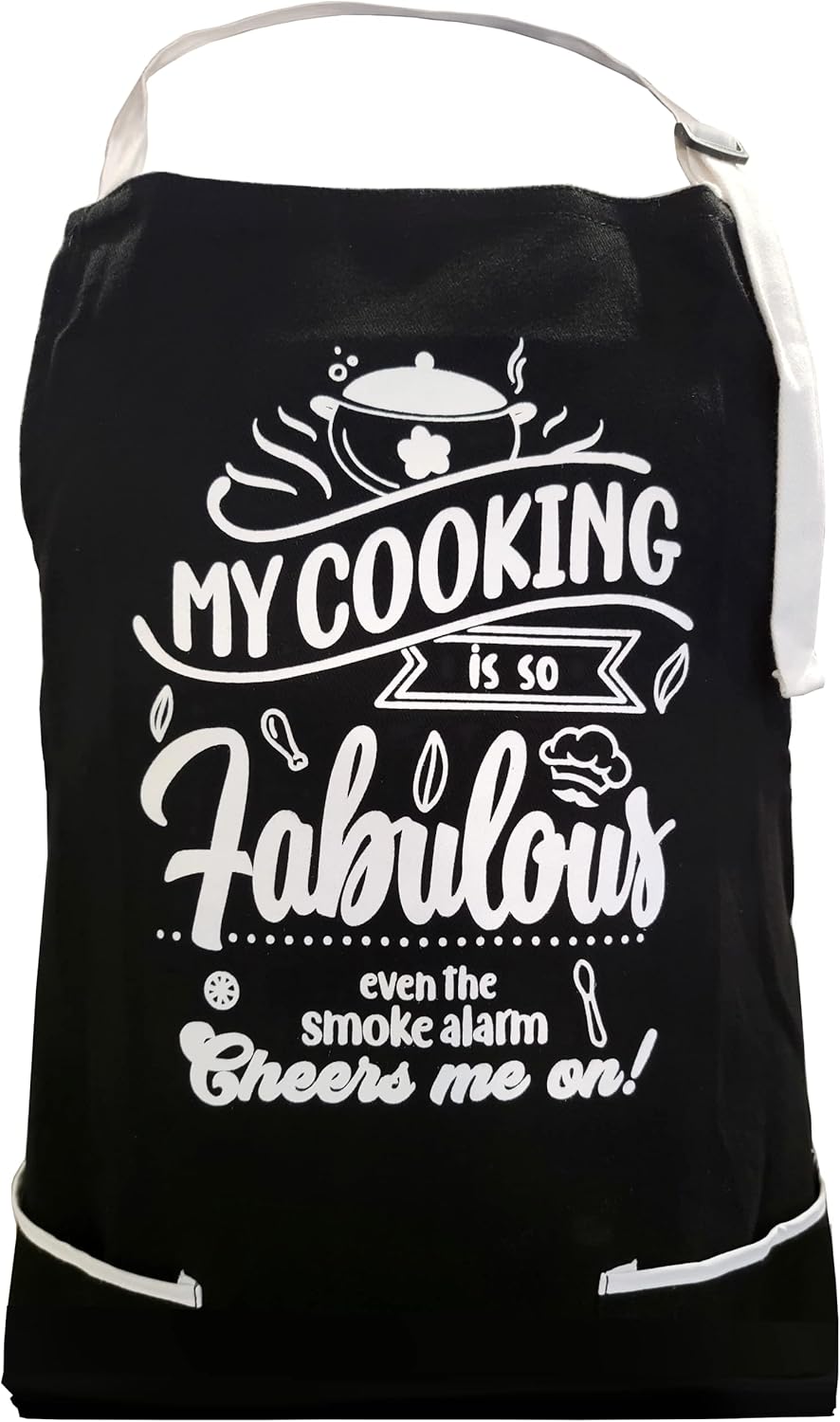 MY COOKING IS SO FABULOUS EVEN THE SMOKE ALARM CHEERS ME ON -100% Cotton Thick Black Apron with 2 Tone White Pockets - Adjustable Strap - Unisex - Great for Outdoor/Indoor Cooking - Funny Gift