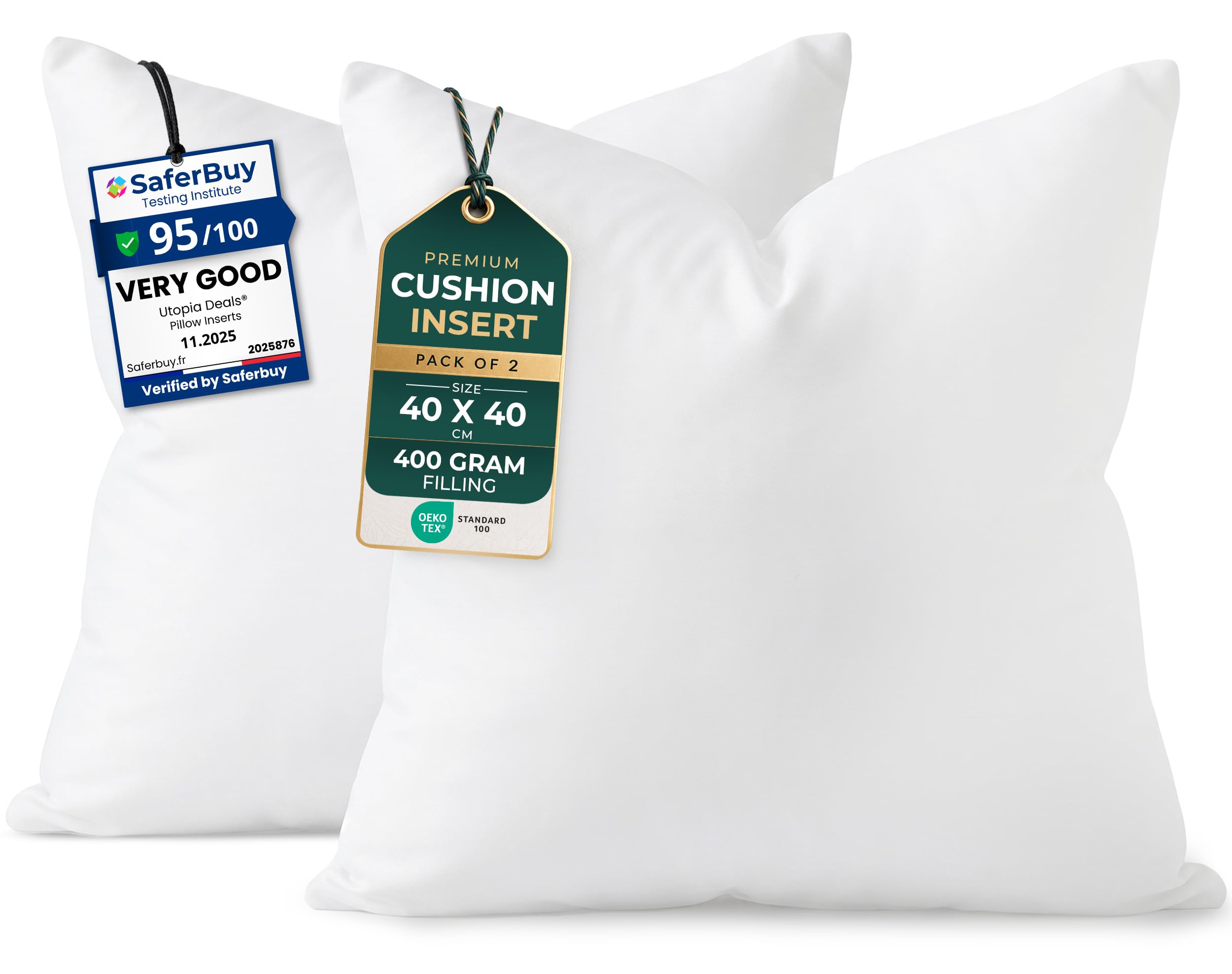 Utopia Bedding Cushion Inserts, Hollowfibre Inner Pads for Sofa or Bed – Cushions Fillers (2, White, 40x40 cm)