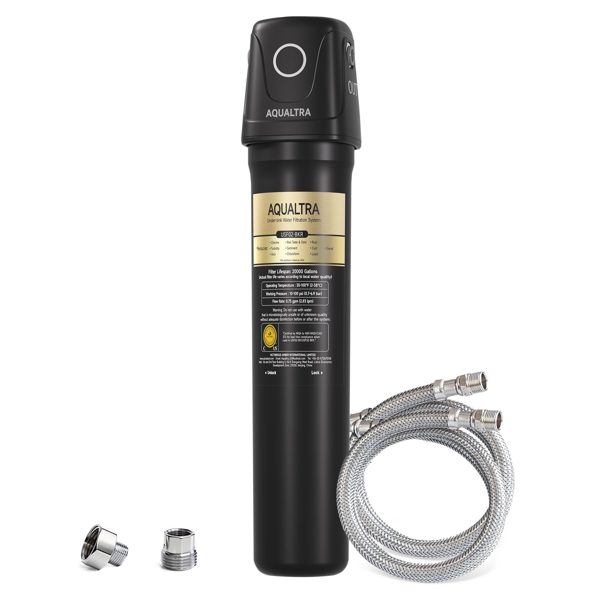 AQUALTRA USF02-BK Under Sink Water Filter System, NSF/ANSI/CAN 372 Certified, Reduces PFOA, PFOS, Chlorine, Lead, Mercury, Chloramine, Fluoride, Microplastics Particles, Bad Taste & Odor