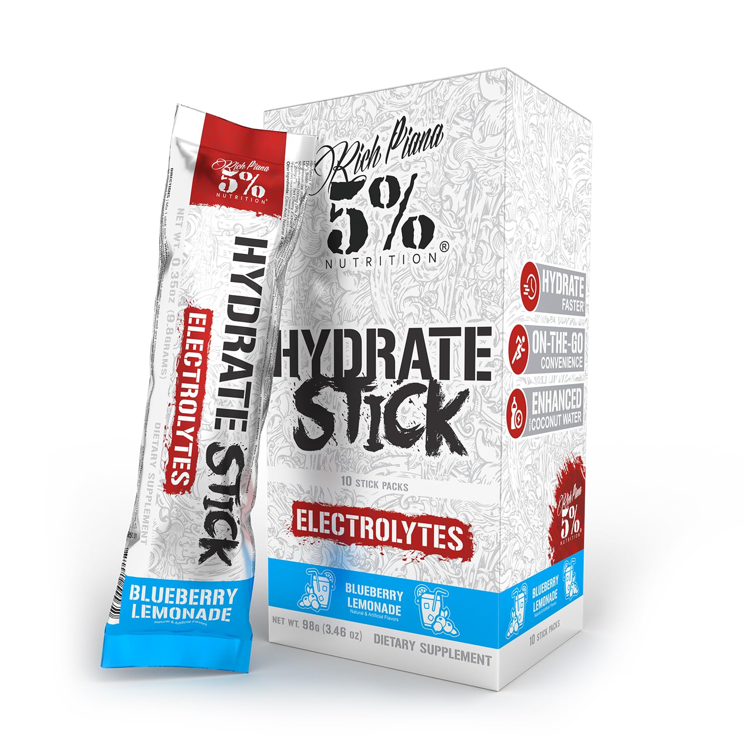 Sobres de hidratación 5% Nutrition Hydrate Stick | Sobres de mezcla de electrolitos deportivos en polvo con agua de coco (limonada de arándanos) (10 unidades)