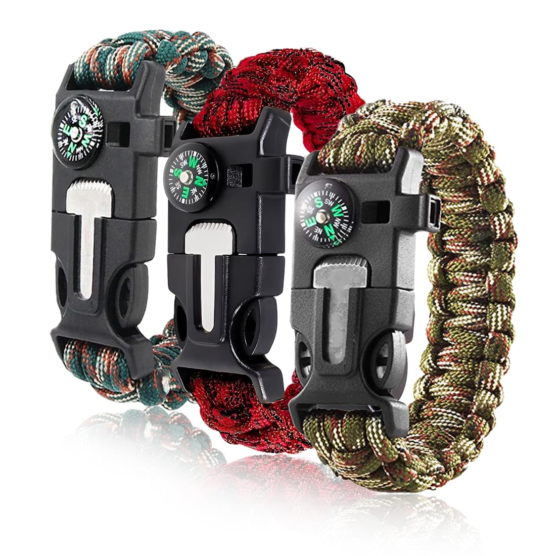 3pcs Pulsera de Supervivencia,Multifuncional Pulsera,Con Flint Brújula Silbato,Adecuado para Senderismo,Acampada,Montañismo y Actividades al Aire Libre