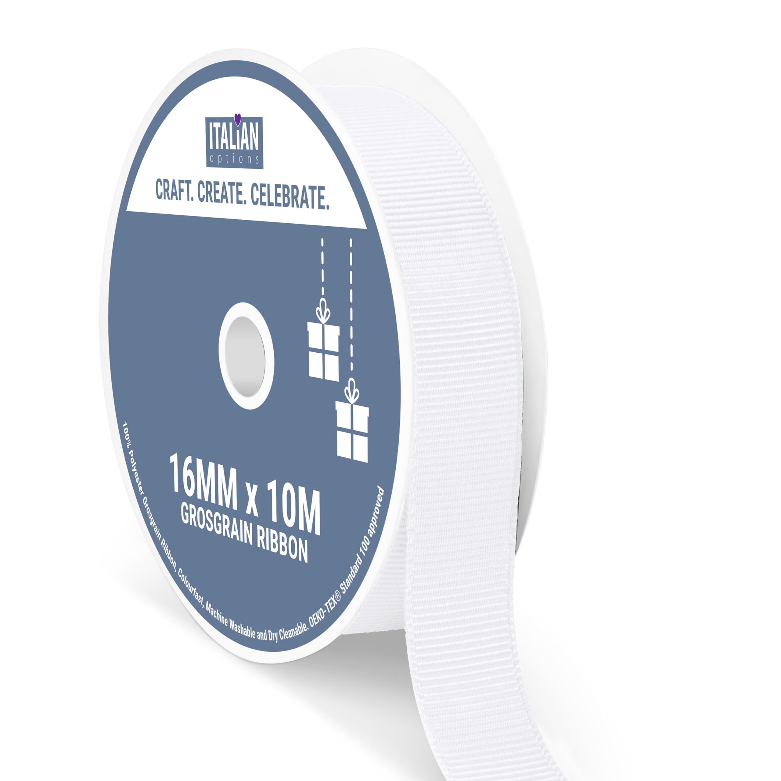 Italian Options Grosgrain Ribbon 16mm, Strong Plain White Ribbon for Bows, Wedding, Crafting, Sewing, Hair Accessories, Gift Wrap, 16 mm x 10 Metre Roll, White — image 1
