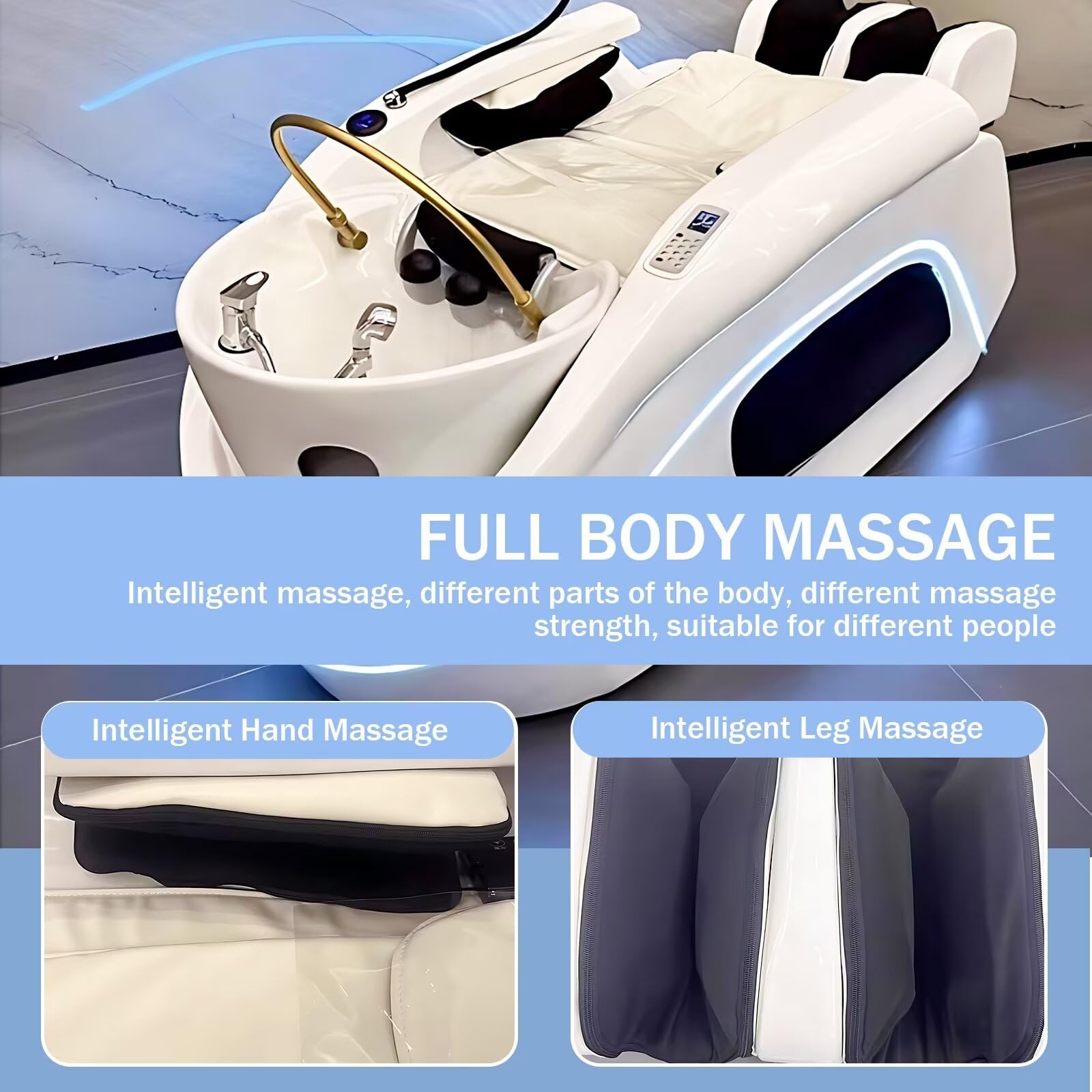 Professionelle Kopfmassage-Shampoo-Liege, Massage-Salon-Spa-Liege mit Wasserkreislauf, Fiberglasbecken, weiße Hightech-Luxus-Spa-Ausstattung