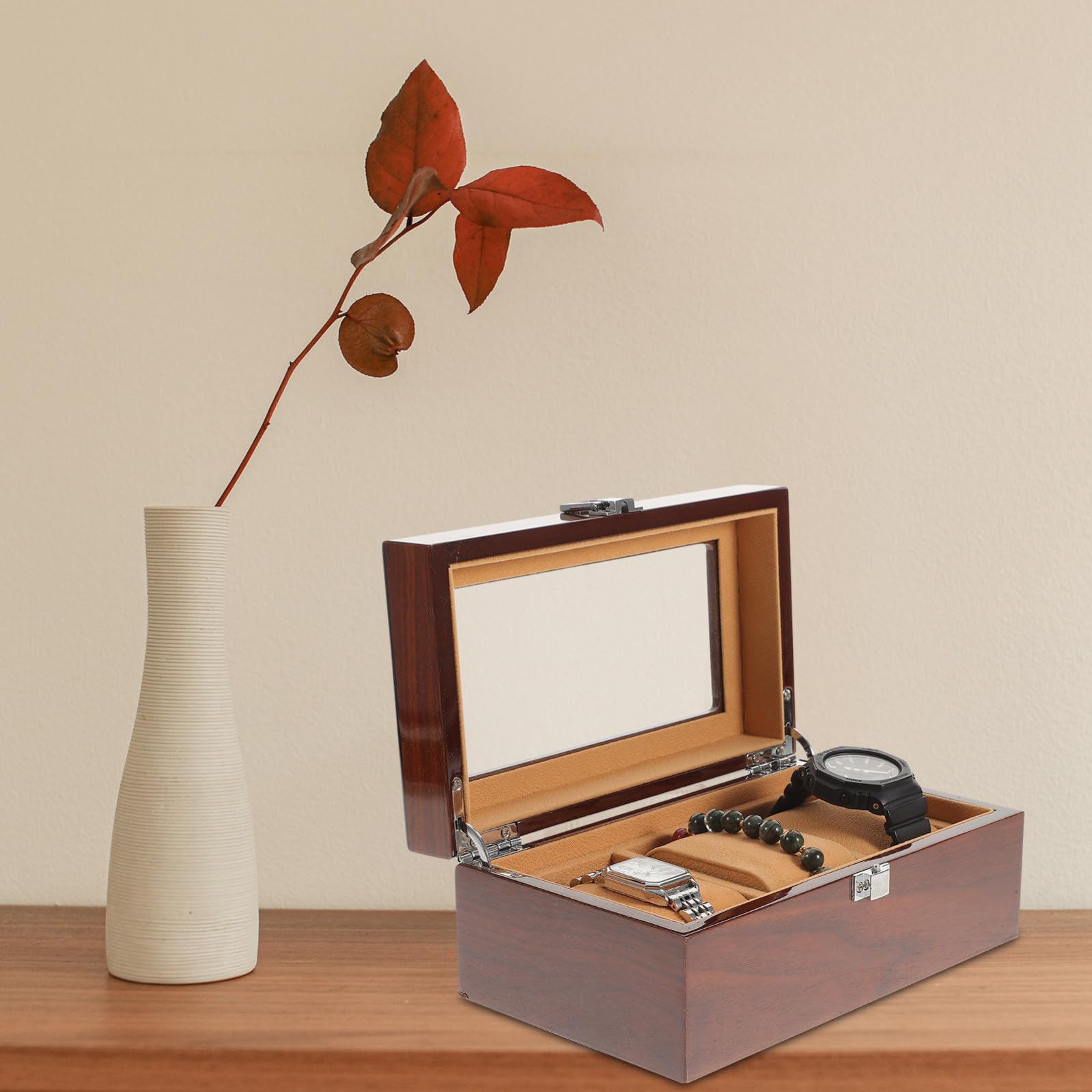 TEHAUX Scatola Portaorologi in Legno Laccato Scomparti con Serratura Organizer Orologi e Gioielli Raffinata con Trasparente Custodia di Qualità per Esposizione e Regalo