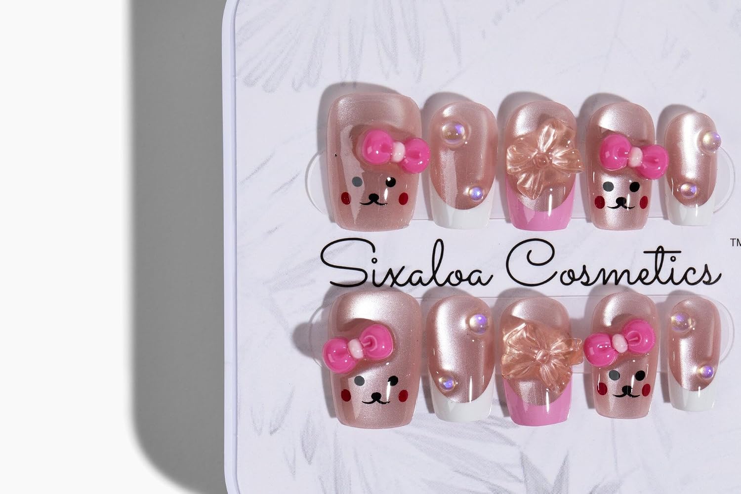 Sixaloa Pink Bear Press on Nails, Cute Kawaii Almond Fake Nails with 3D Bows, Chrome Glossy Reusable Glue on Stick on Acrylic False Nails for Women & Girls, Coquette Nail Kit Gift, Full Set of 10