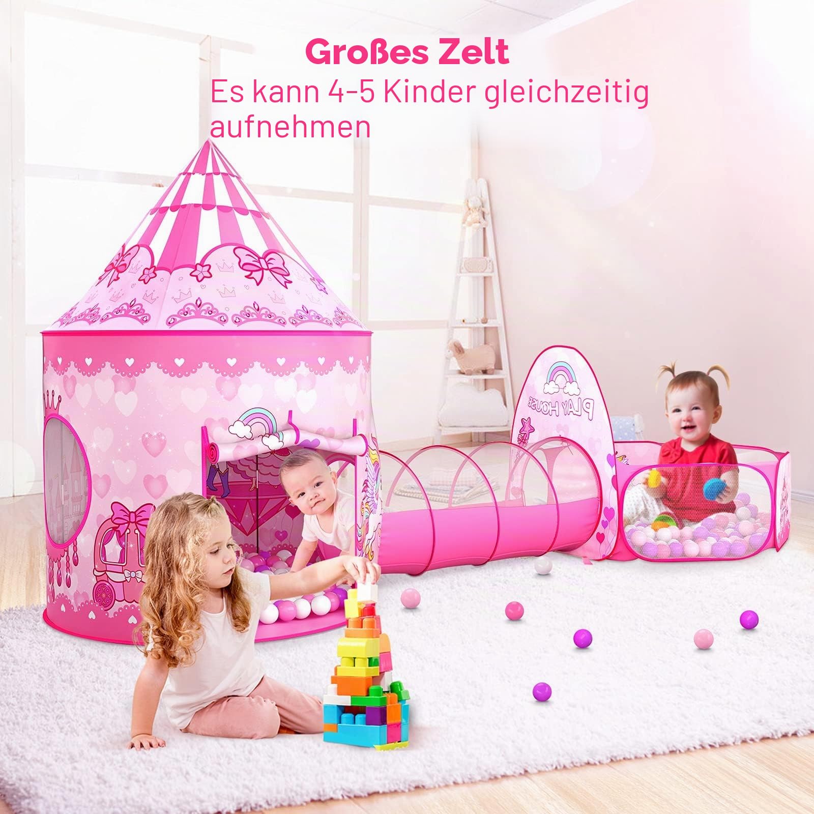 Wilwolfer Pop-up Zelt für Kinder + Krabbeltunnel + Bällebad - 3-in-1 Spielhaus für Kleinkinder Jungen Mädchen - Großes Spielzelt für Innen & Outdoor(Ohne Bälle)