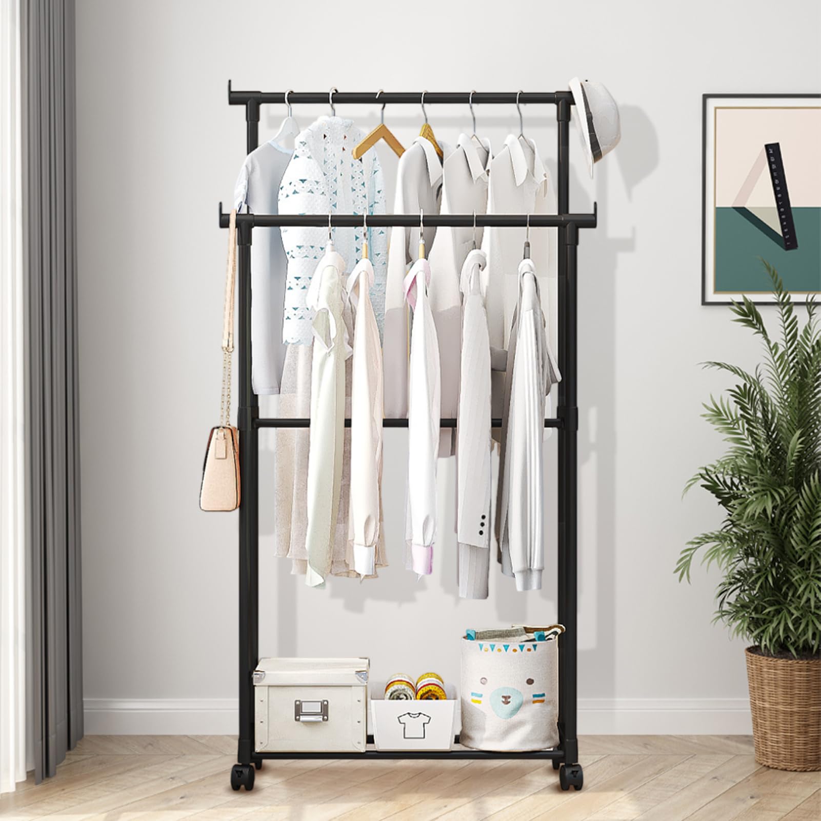 Burro De Ropa - Colgador De Vestimenta, Guardarropa | Soporte De Ropa Con Doble Barra Reforzada, Organizador De Vestuario Con Ruedas Giratorias Para Baño, Balcón, Habitación Juvenil, Garaje