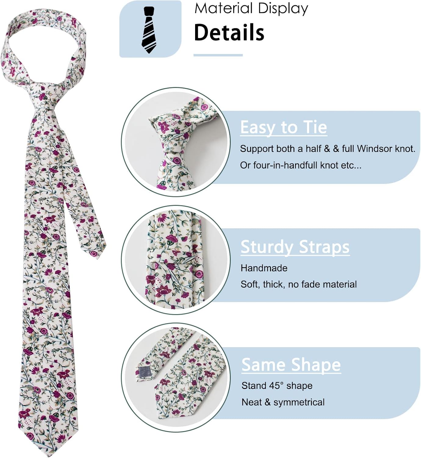 Mantieqingway Ties for Men, 2.76'' Cotton Floral Tie Men's Neckties for Weddings Groomsmens Dances Party Valentine's Day - Image 3