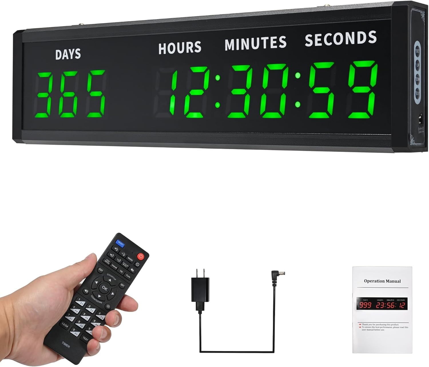 Large Digital Countdown Clock & Calendar, 999 Days LED Retirement Countdown Clock Timer with Remote & Alarm, Wall/Desk Count Down/Up Timer Clock for Gym Christmas Vacation School Days,17.87in*5.04in