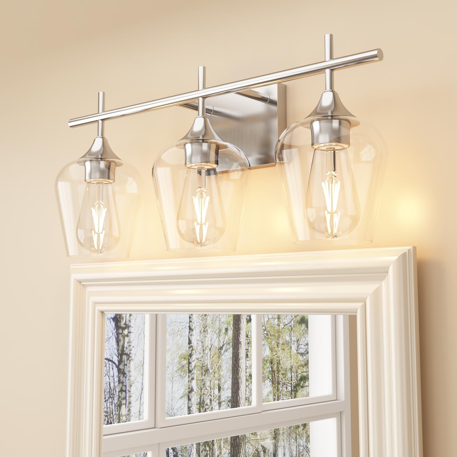 HOMECHOOSE Bathroom Light Fixtures, 3-Light Vanity Lights, Clear Glass Shade, Over Mirror, Nickel
