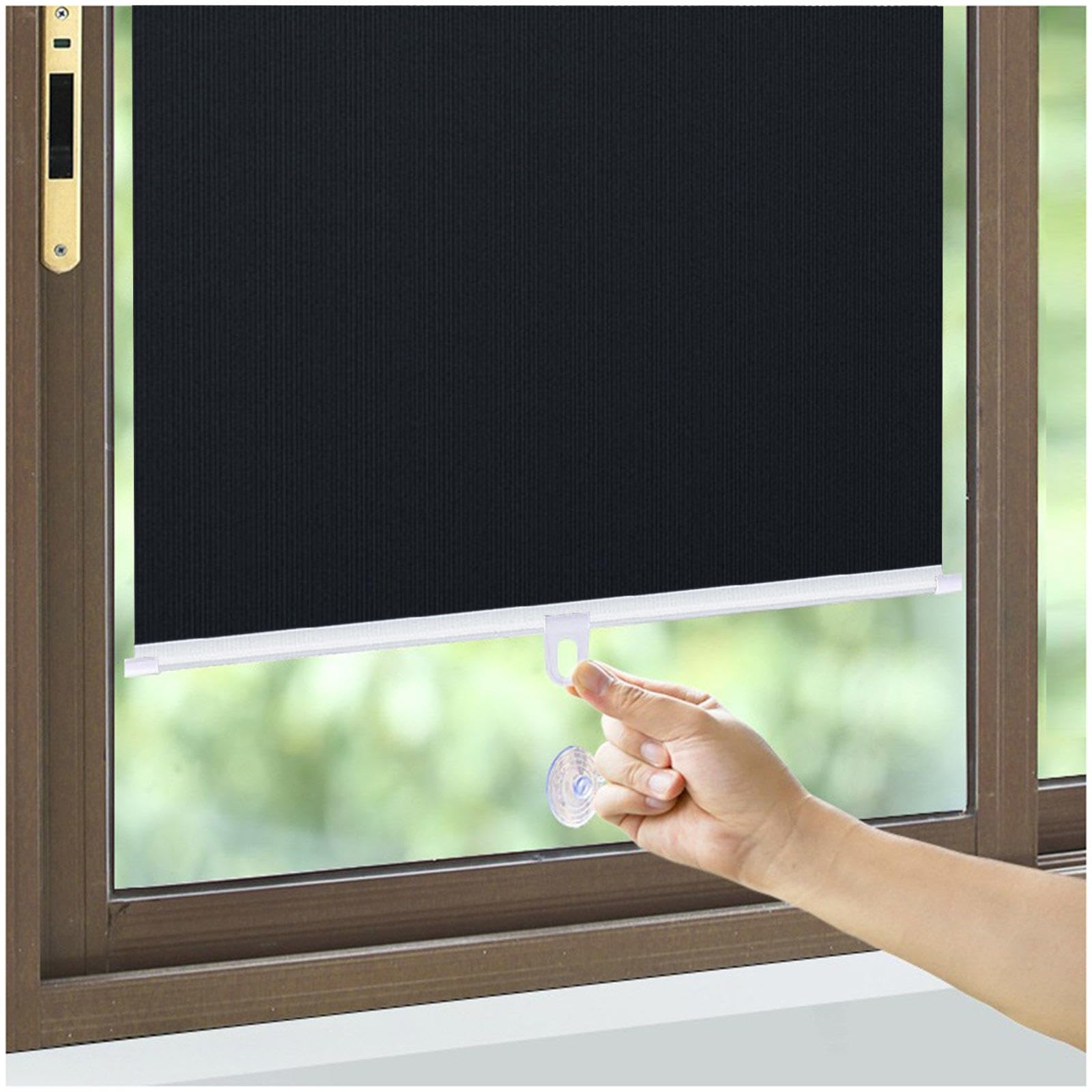 DECAKE Blackout Roller Shades No Drilling, Window Curtains with Suction Cups, Retractable Sunshade Blinds, 35/40/50/65/75/80cm Temporary Thermal Blinds,Black-68x125cm/27 * 49in