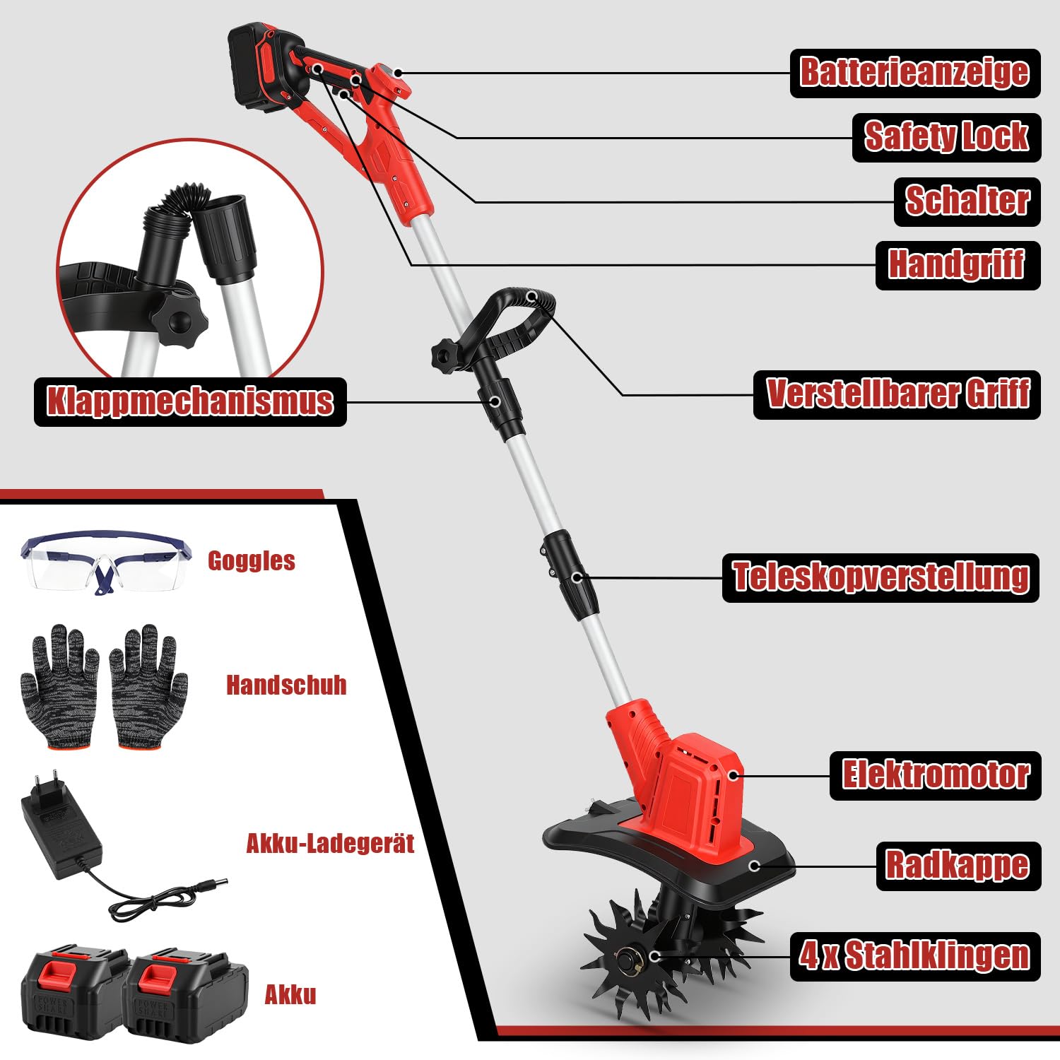 Fresa de jardín con batería de 21 V con 2 baterías de 3000 mAh, azada de 400 W, 20 cm de ancho de trabajo de 15 cm de profundidad de trabajo, fresadora plegable con 4 cuchillos, mango de 130 – 145 cm