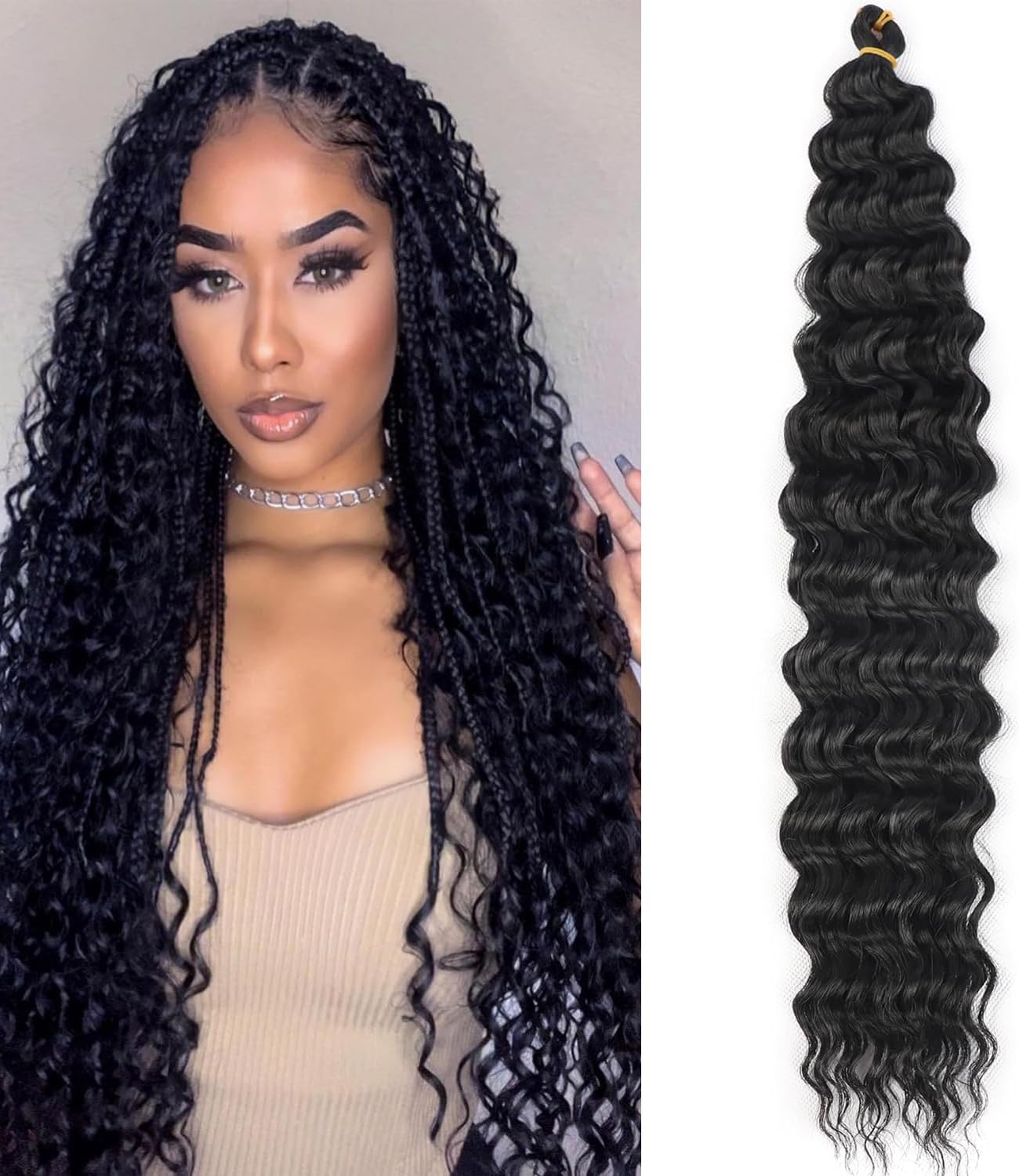 Curly Braiding Hair Ocean Wave Crochet Hair for Black Women Long Deep Wave Wet and Wavy Braiding Hair For Boho Braids 1B# 30 Inch Pack of 1