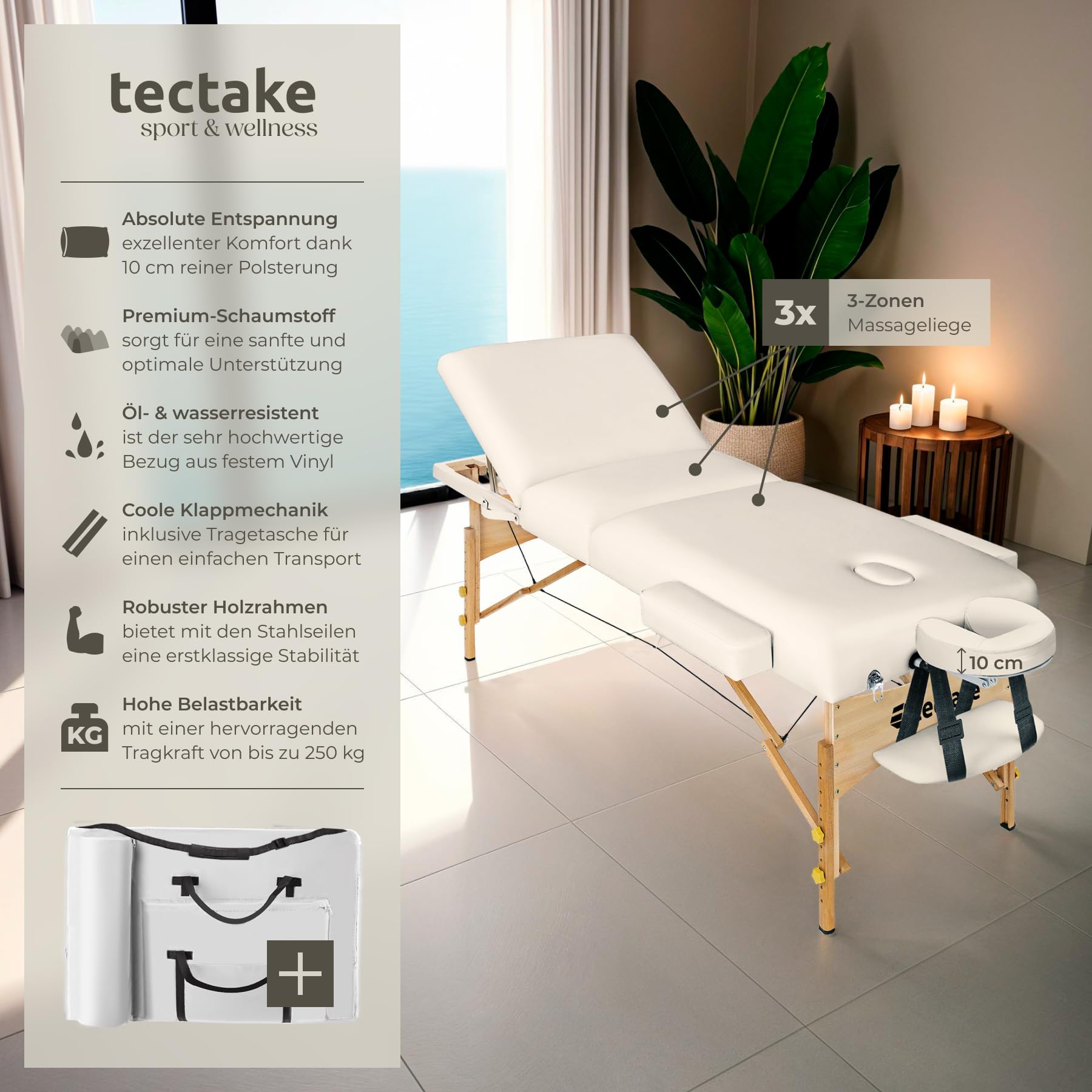 tectake höhenverstellbare Massageliege klappbar mit 3 Zonen, Massagetisch, 10 cm Polsterung, Mobile Massageliege, Kopf- und Armstütze, Massagebank mit Holzfüßen, Zubehör Tragetasche - beige