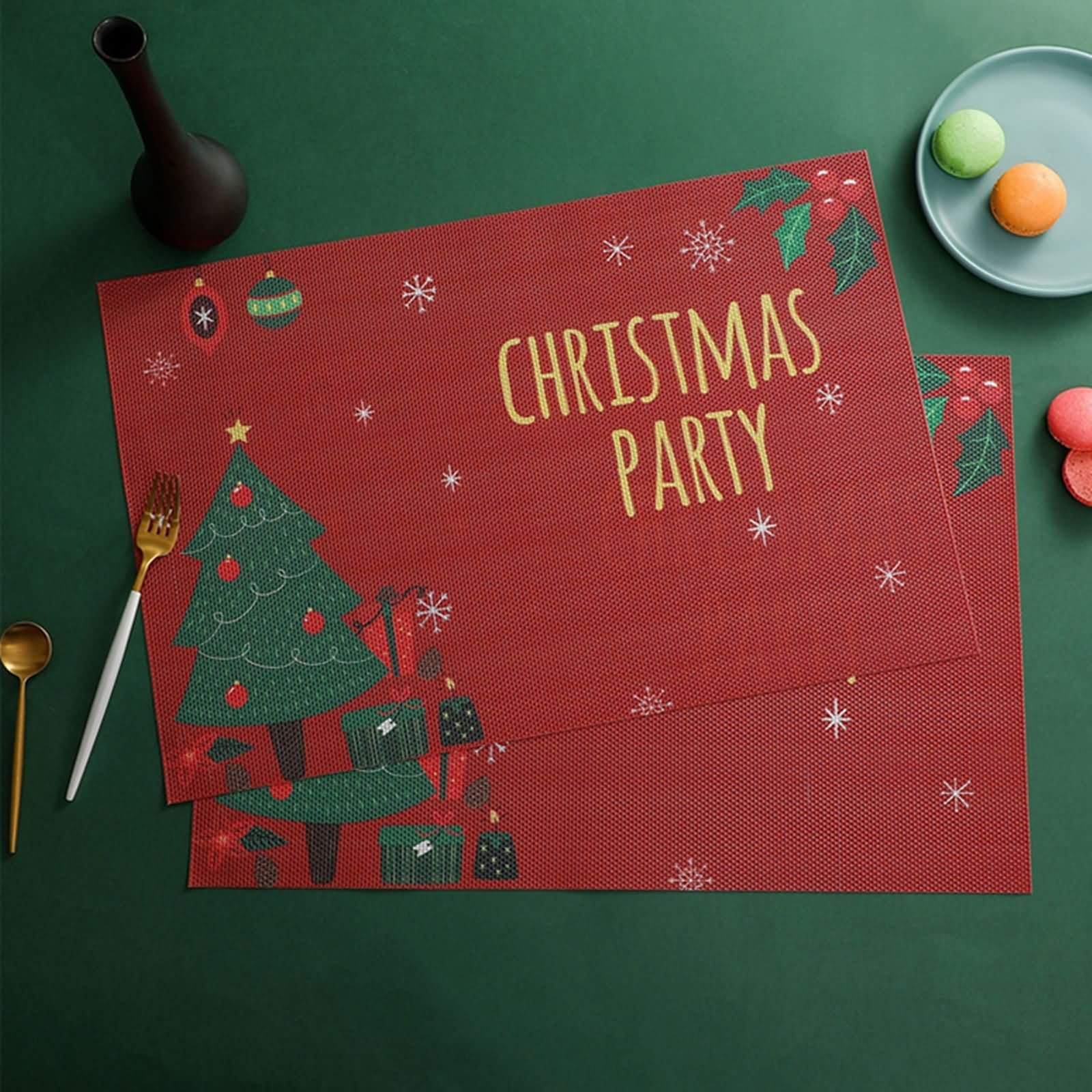 Individuales Mesa para 8PCS, 30 x 45 CM 70% Vinilo+30% Poliéster Salvamantel Rojo, Rectángulo con Patrón de Navidad