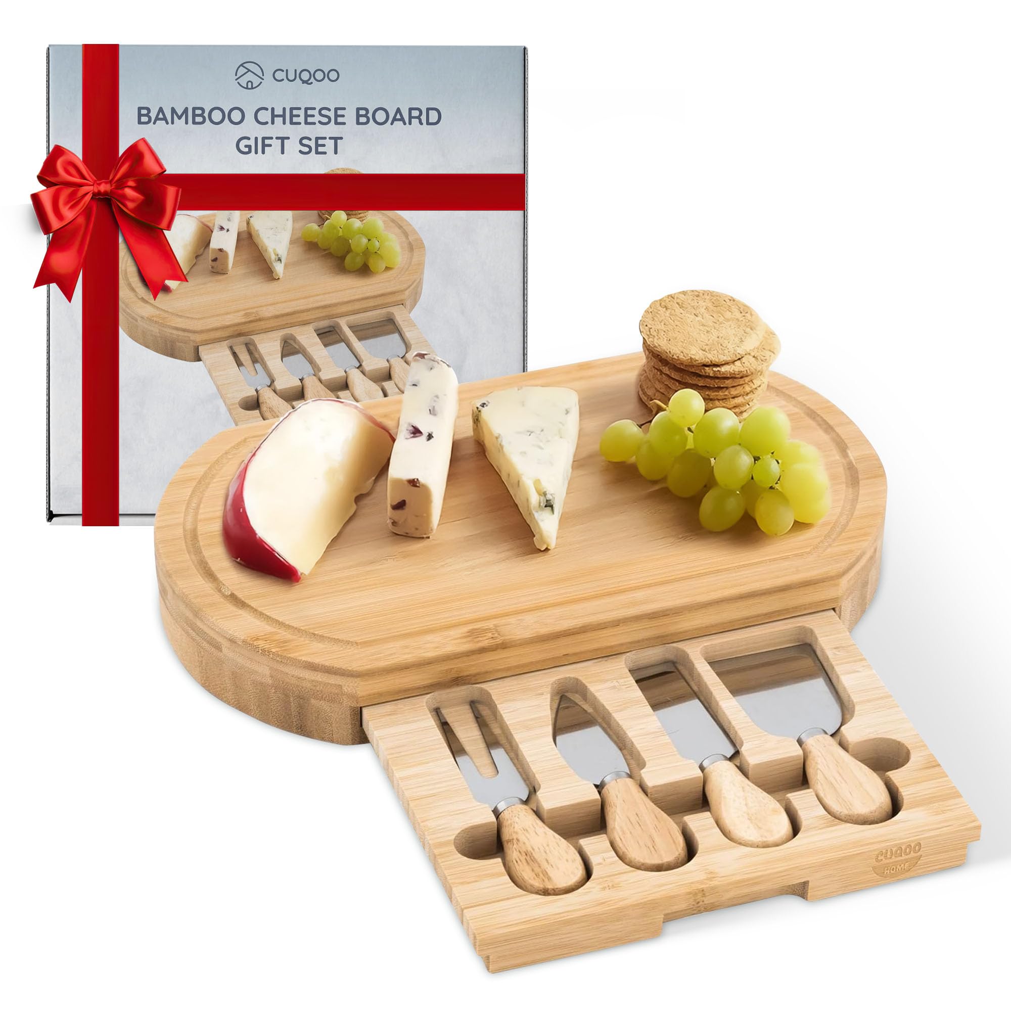 CUQOO Bamboo Cheese Board Set with Drawer & 3 Knives – Wooden Charcuterie Board, Cheeseboard Gift Set for Serving, Grazing, Cheese Boards & Knives, Cheese Platter for Cheese Lovers (Oval)