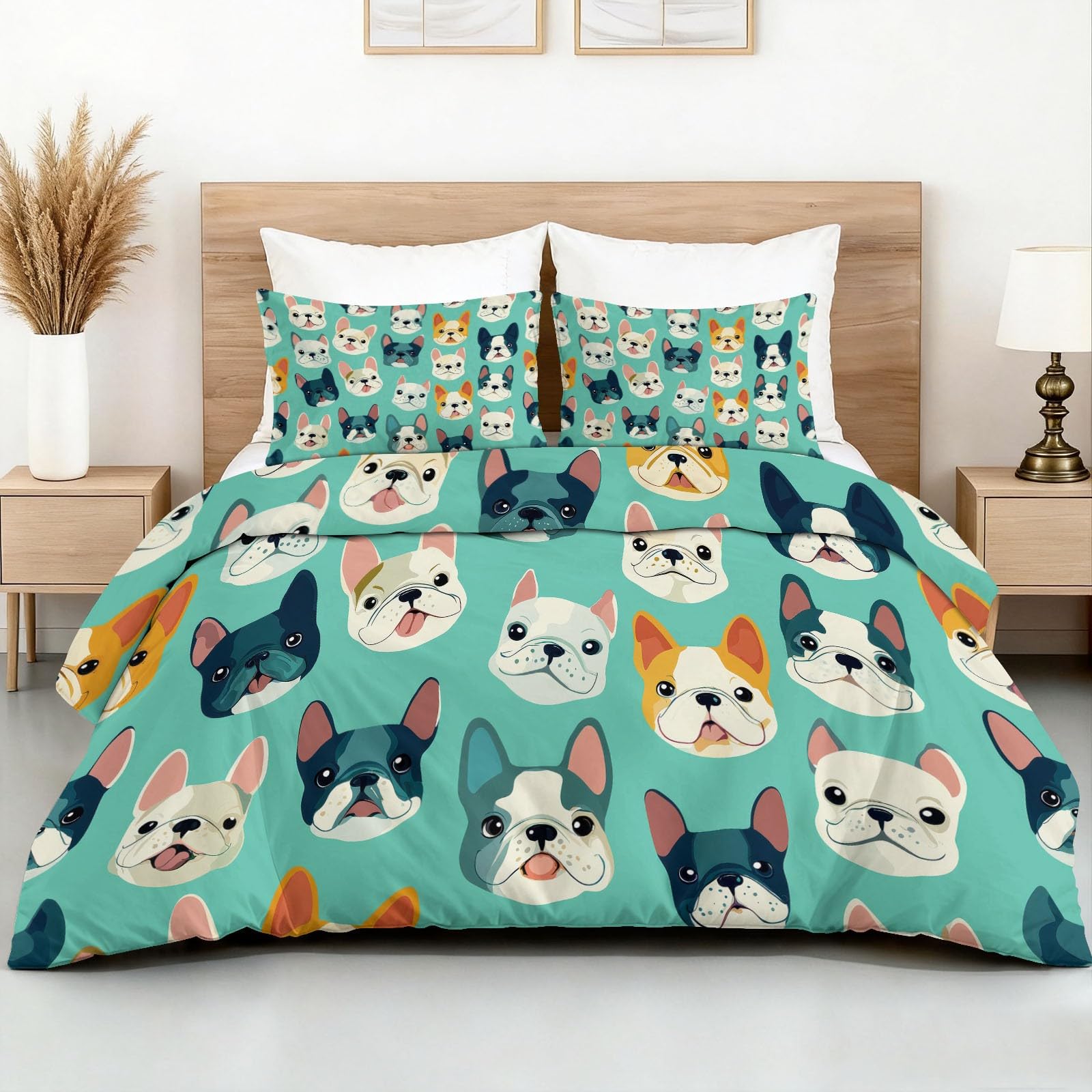 Bettwäsche Bulldogge Welpe Lustig Kinderzimmer Art 240x220 cm Erwachsene Bettbezüge 3 teilig mit Reißverschluss und 2 Kissenbezüge Doppelseitig Bettwaren Kuschelig Mikrofaser Bettwäsche-Set