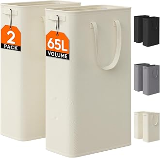 Lifewit 2 Pack Slim Laundry Hamper, Collapsible Narrow Laundry Basket, Small Tall Dirty Clothes Hampers with Handles for Bathroom Bedroom College Dorm, White, 65L
