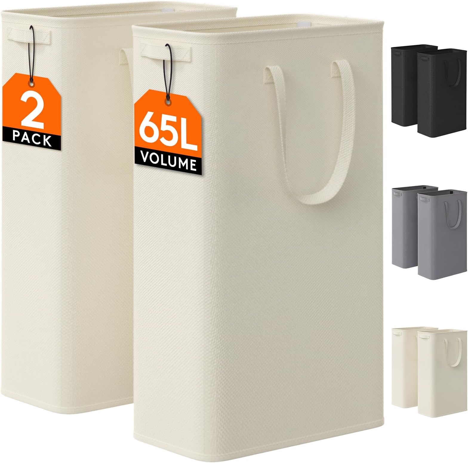 Lifewit 2 Pack Slim Laundry Hamper, Collapsible Narrow Laundry Basket, Small Tall Dirty Clothes Hampers with Handles for Bathroom Bedroom College Dorm, White, 65L