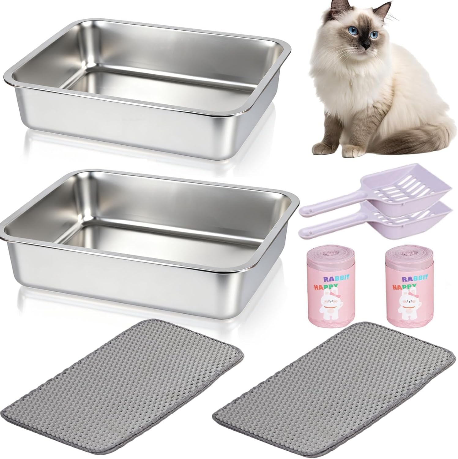 RUIAN 2-Pack Stainless Steel Cat Litter Box, Low-Entry Small Animal Litter Pan for Kittens & Rabbits, with Non-Slip Mats & Scoops