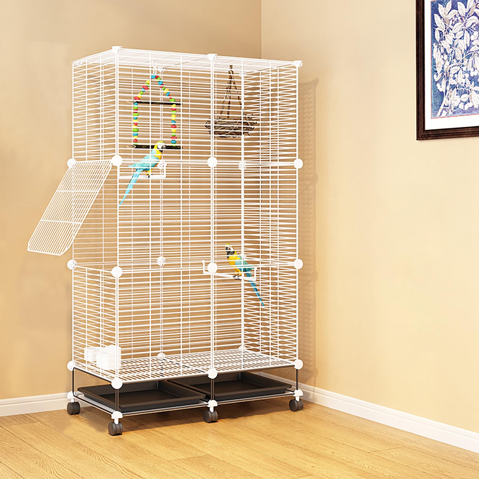 Jaula para pájaros con puertas, 75 x 37 x 125 cm, grande, de hierro, bandeja de suciedad, rueda universal, 6 ruedas, color blanco