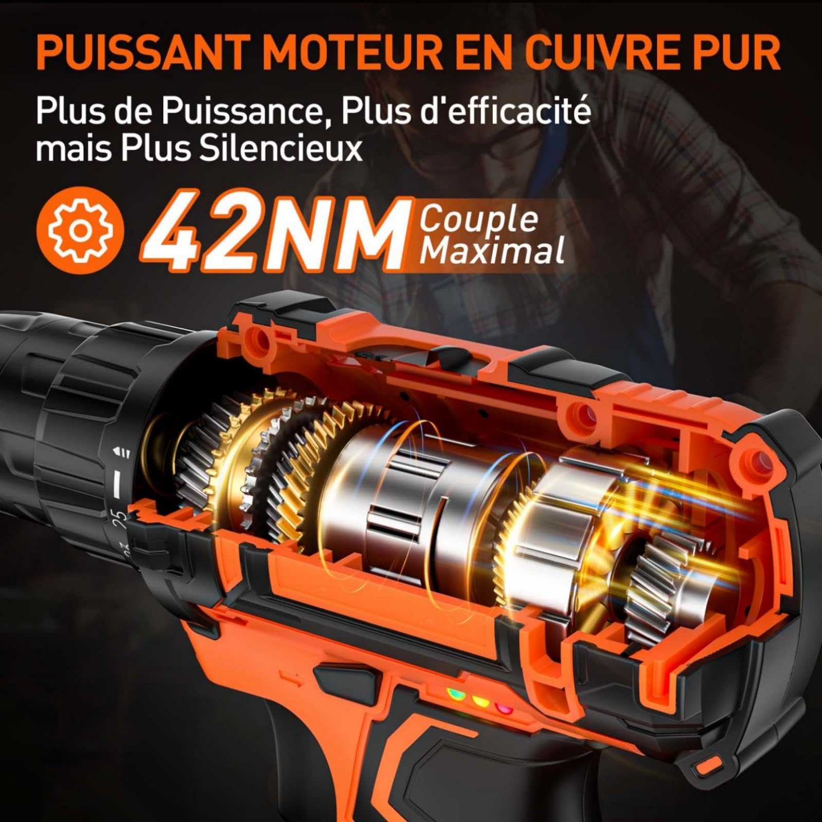 Perceuse Visseuse Sans Fil 20V, Visseuse Devisseuse Sans Fil avec 2 Batteries 2.0Ah, 42Nm, 25+1 Réglages de Couple, 2 Vitesses, LED, 24 Accessoires et Valise, pour la Bricolage