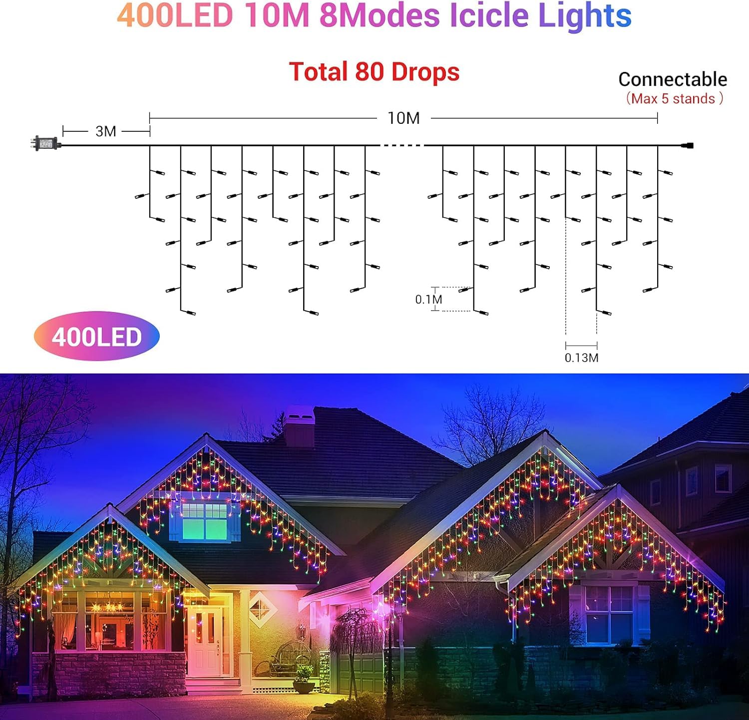 GlobaLink Christmas Icicle Lights Outdoor, 10M/32FT 400LED Icicle Fairy Lights with Timer & 8 Modes - Image 4