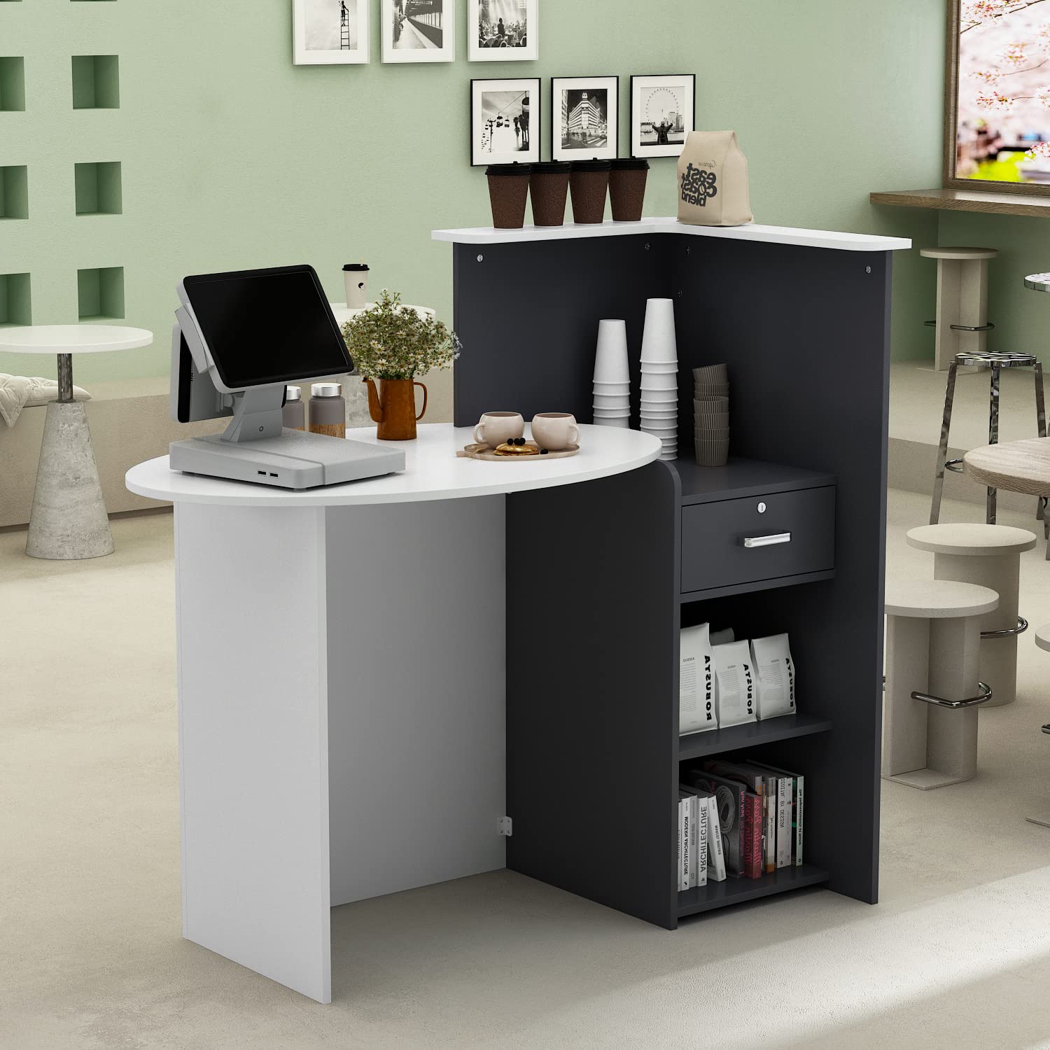 Banco reception Cassettiera con ripiano e cassetto, bancone patchwork nero-grigio, MDF, 40 x 121 x 110 cm