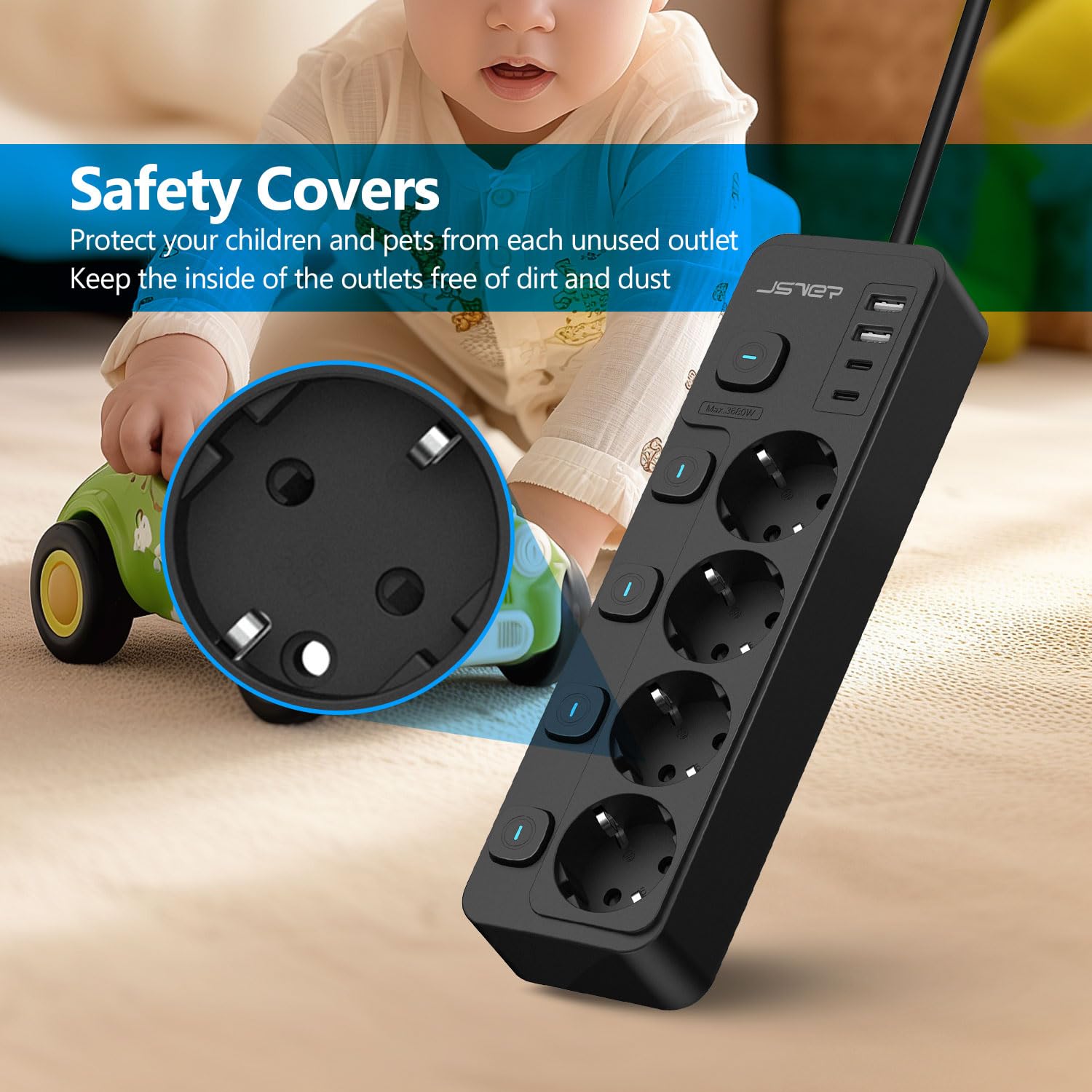 JSVER Regleta Enchufe USB de 4 Tomas con 4 Interruptor Individualcon, Regleta 4 USB Puertos(2 A,2 C) Alargadera Electrica para el hogar, la Oficina y los ViajesCable 2m-Negro — view 6