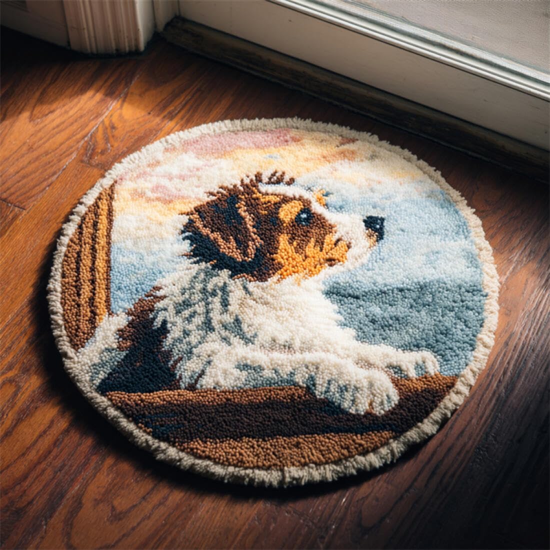 Rqwybcaxn DIY Latch Hook Rug Kit for Adults Animal Embroidery Kit Dog on the windowsill 50x50cm Round Tapestry with Crochet Hook Living Room Craft Gift