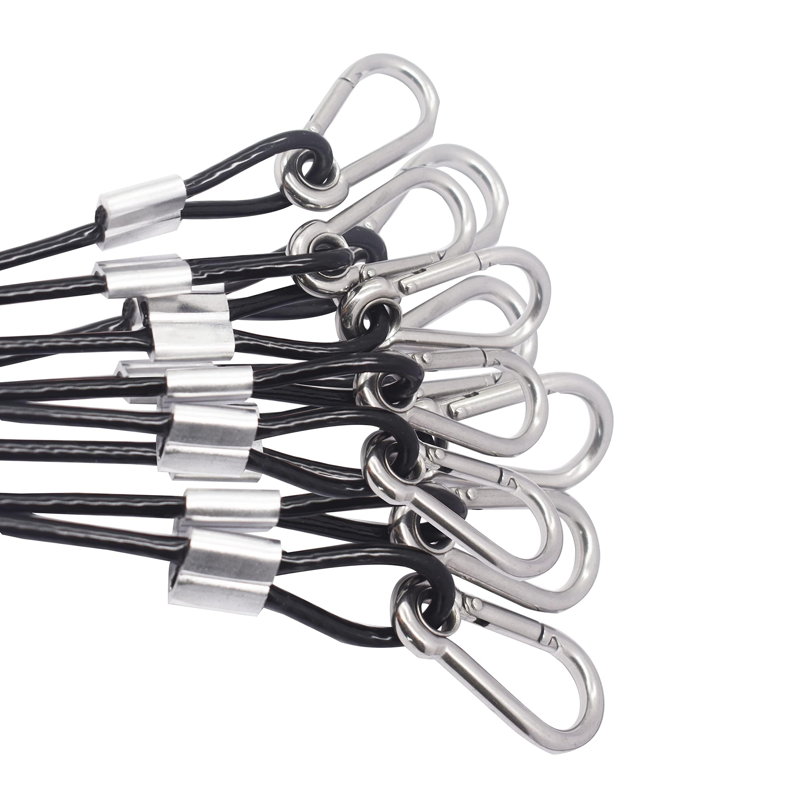 10 Stück 30 cm lange Vinyl-Überzug beschichtete Edelstahl-Drahtseile mit Schlaufen und Karabinerhaken, kurzes Sicherheitsseil, Schlüsselband, 4 mm dick, Schwarz