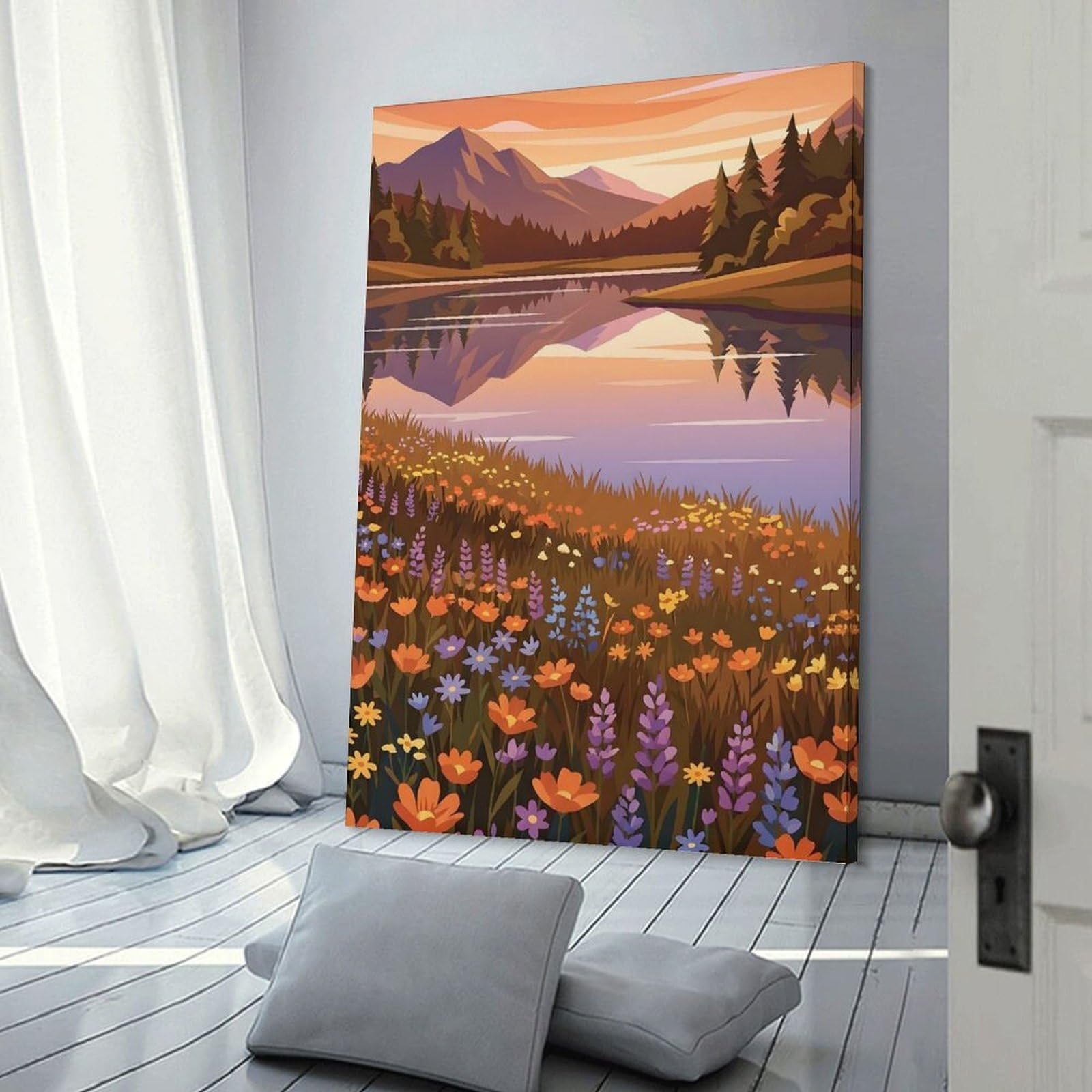 Junmoney Canvas Wall Art Serene Mountain Lake at Sunset, 24x36inch(60x90cm), for Corridors, Hallways Or Apartment Entries, Decorative Canvas Styling for Entry Areas