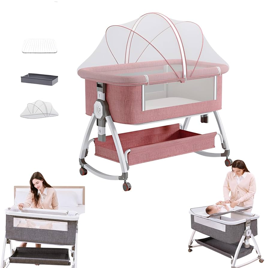 【新品未使用】多機能ピンクベビーベッド ゆりかご マットレス 収納かご 蚊帳付 新品未使用】多機能ピンクベビーベッド ゆりかご マットレス