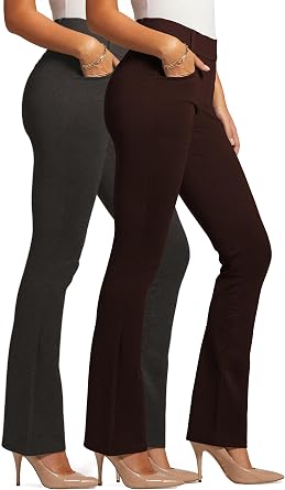 Conceited 2-Pack Stretch Slacks for Women - Wear to Work - Bootcut Dress Pants with Pockets - Charcoal, Brown - Medium