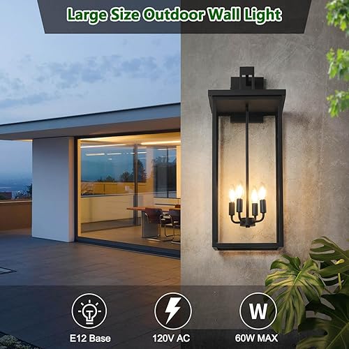 Miniatura 2 de tewei Farol de pared exterior de gran tamaño de 26 pulgadas, aplique de pared impermeable, negro mate, luces para exteriores para casa, luz moderna