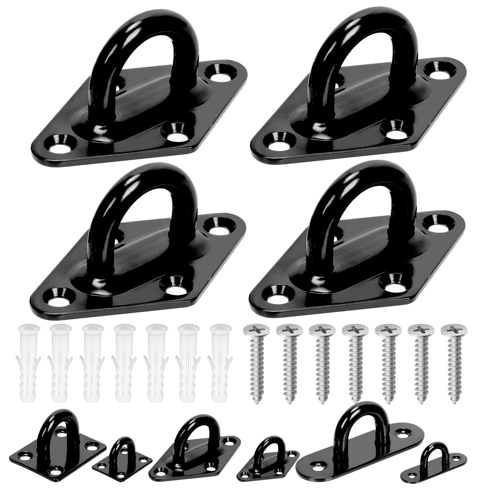 GLARKS 36pcs M8 Stainless Steel Pad Eye Plate Hook Kit, Diamond Eye Plate U Hooks Heavy Duty Ceiling Hooks and Carabiner Clips Snap Hook for Ceiling and Mounting Hanging Hardware