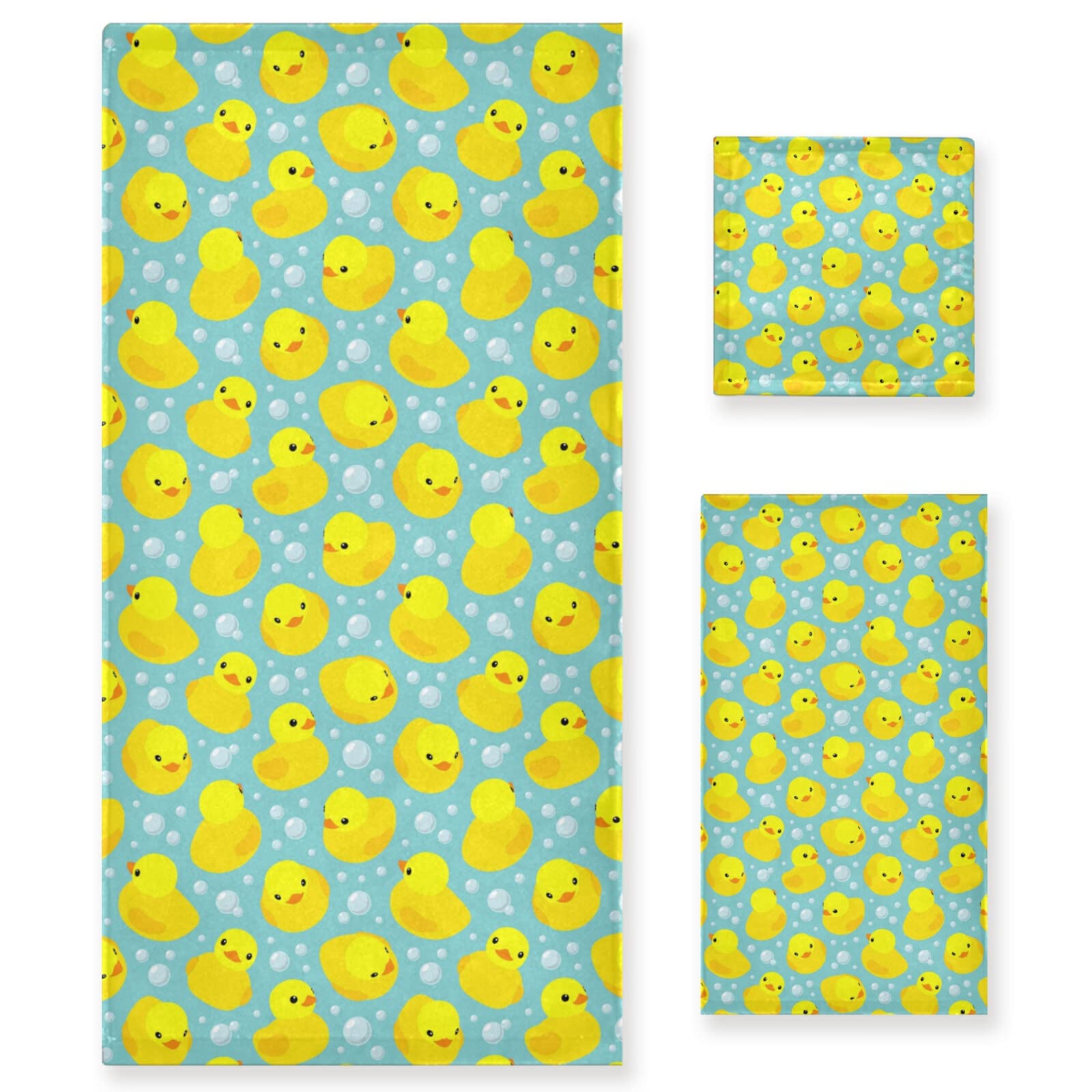 Poeticcity Yellow Seamless Pattern With Rubber Ducks Bubbles Set Of 3 Highly Soft Absorbent Cotton Towels, 1 Bath Towel, 1 Hand Towel, 1 Face Washcloth For Spa Bathroom Hotel Kitchen Gym