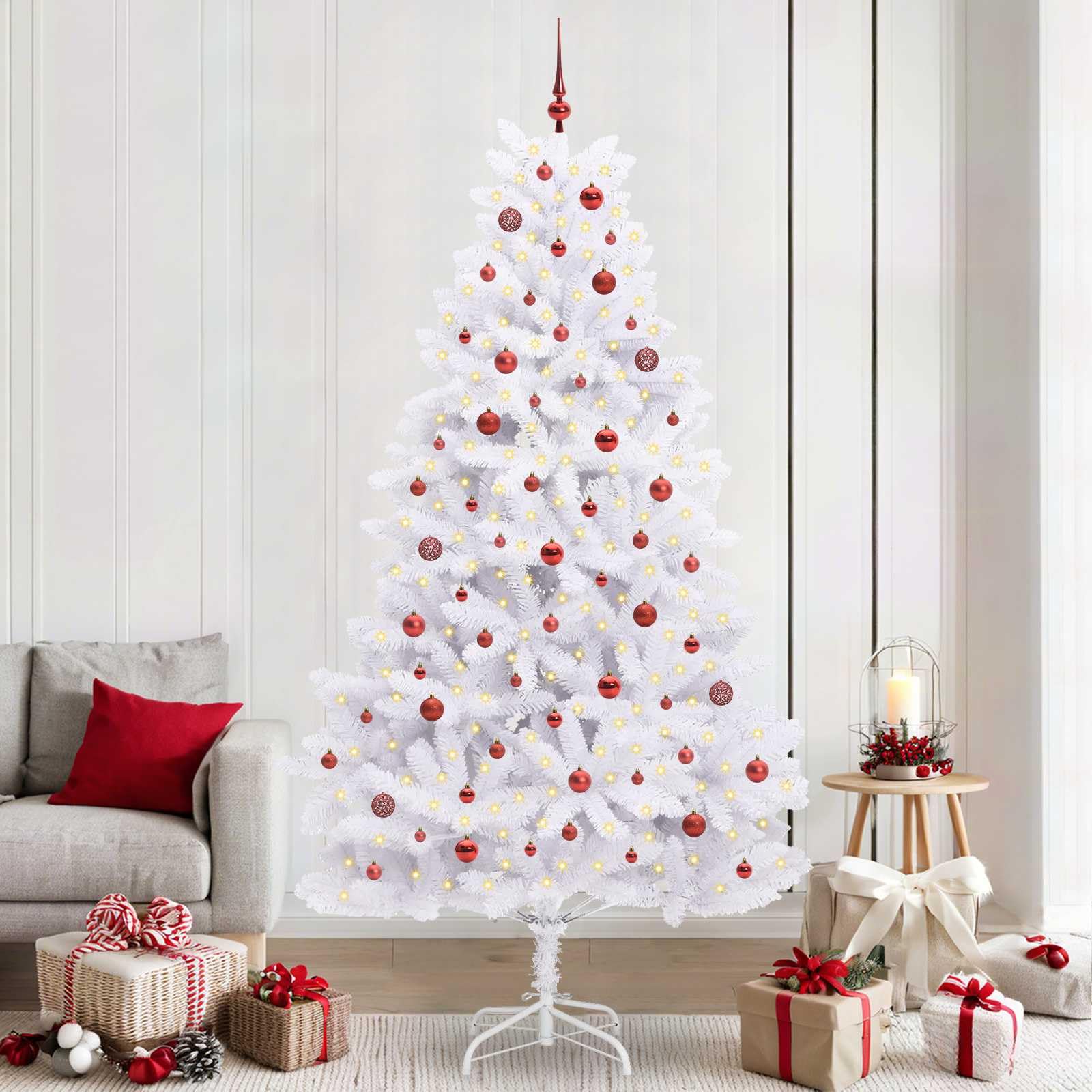 Sztuczna składana choinka, biała, 240 cm, z PCW i stali, z 300 czerwonymi diodami LED, 8 trybów, zasilanie USB, do użytku wewnątrz i na zewnątrz