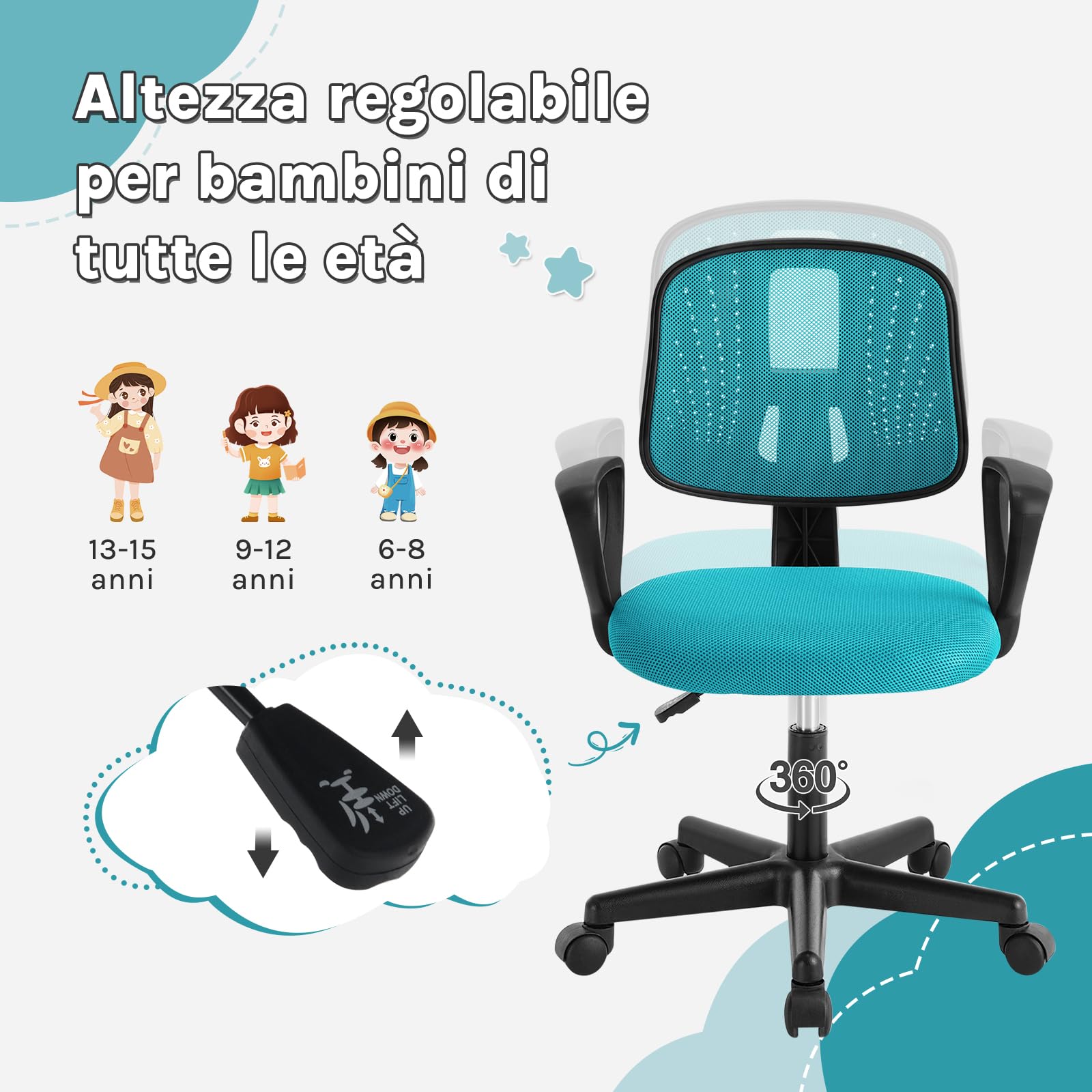 Sedia da Scrivania per Bambini, Sedia da Studio Girevole, Sedie Ergonomica con Ruote, Tessuto a Rete Traspirante, Sgabello Girevole con Schienale Regolabile Automaticamente, Turchese, K0006BS