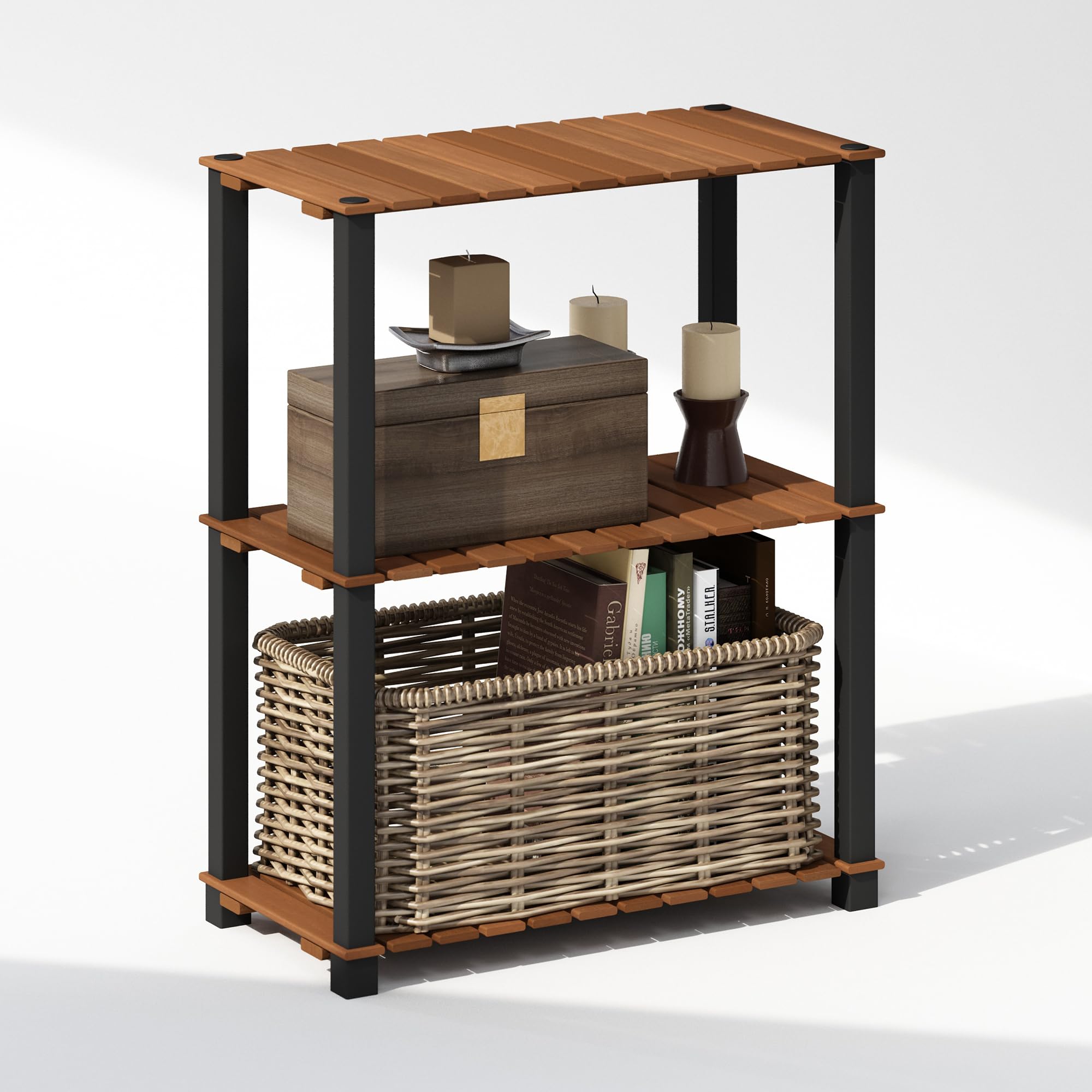 Furinno TURN-N-TUBE 3-Tier Display Rack, Storage Rack, Book Shelf, Open Shelves, with Wood Slat, Square Poles, for Indoor Outdoor Organization and Storage, Garage, Living Room, Natural